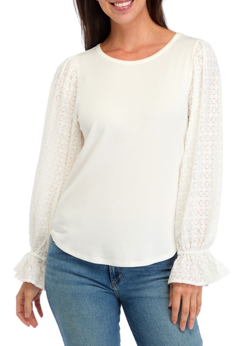Womens Puff Sleeve Lace Trim Top 