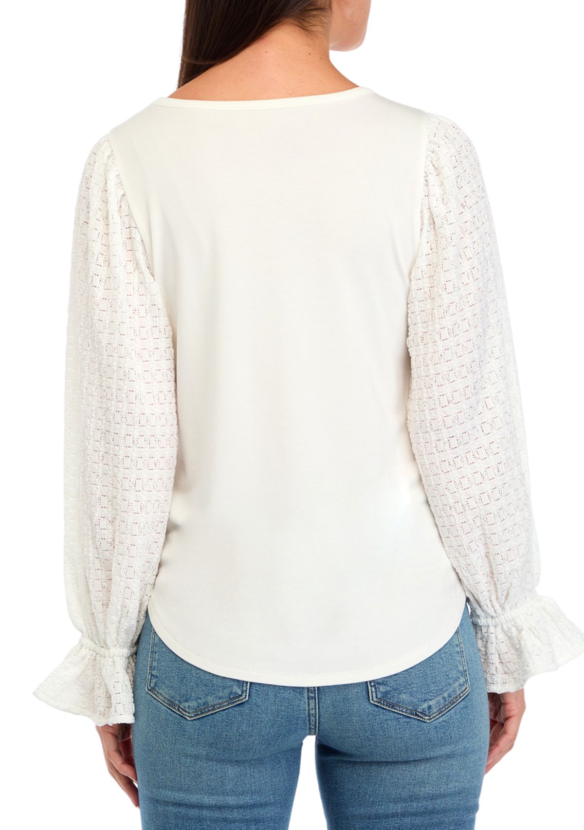 Womens Puff Sleeve Lace Trim Top 