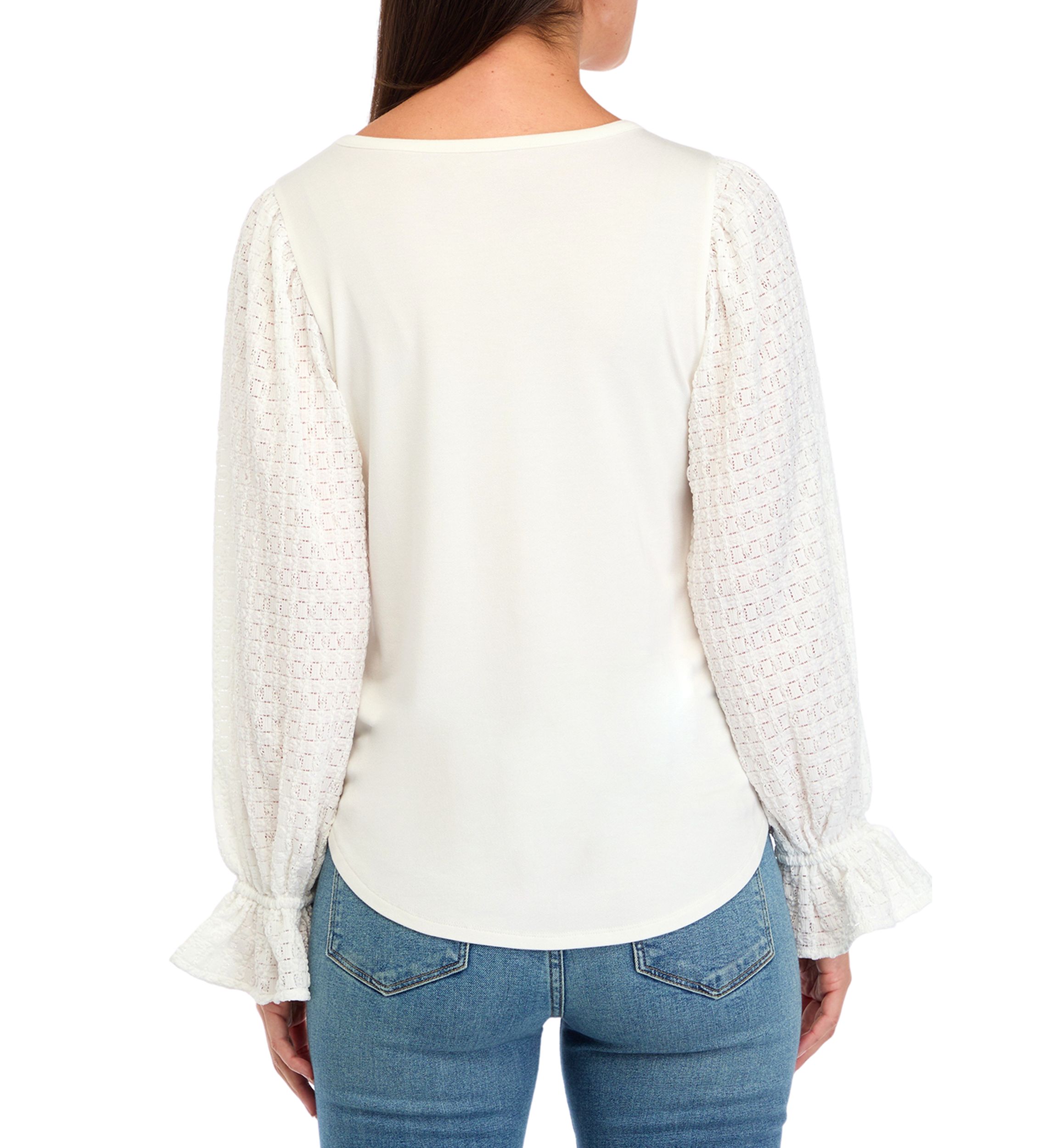 Womens Puff Sleeve Lace Trim Top 