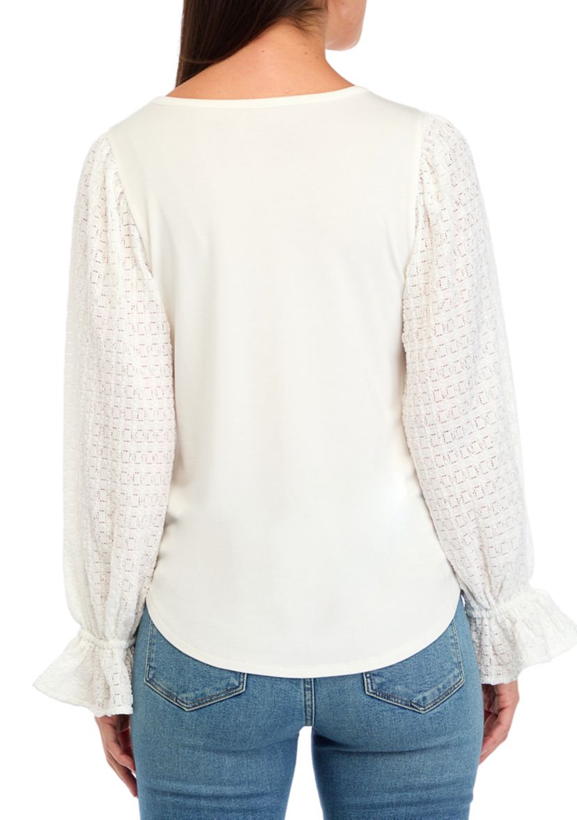 Womens Puff Sleeve Lace Trim Top 