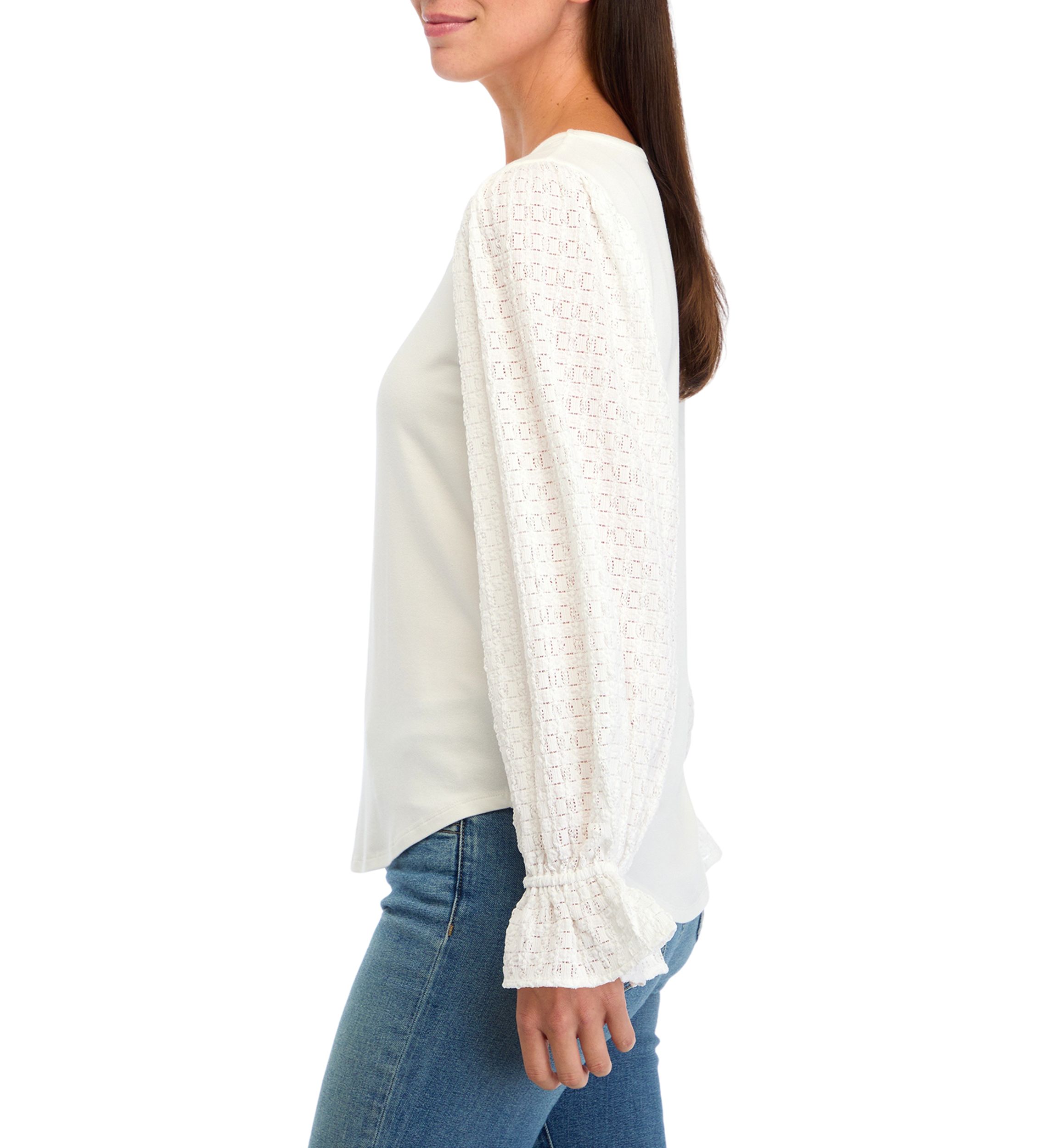 Womens Puff Sleeve Lace Trim Top 