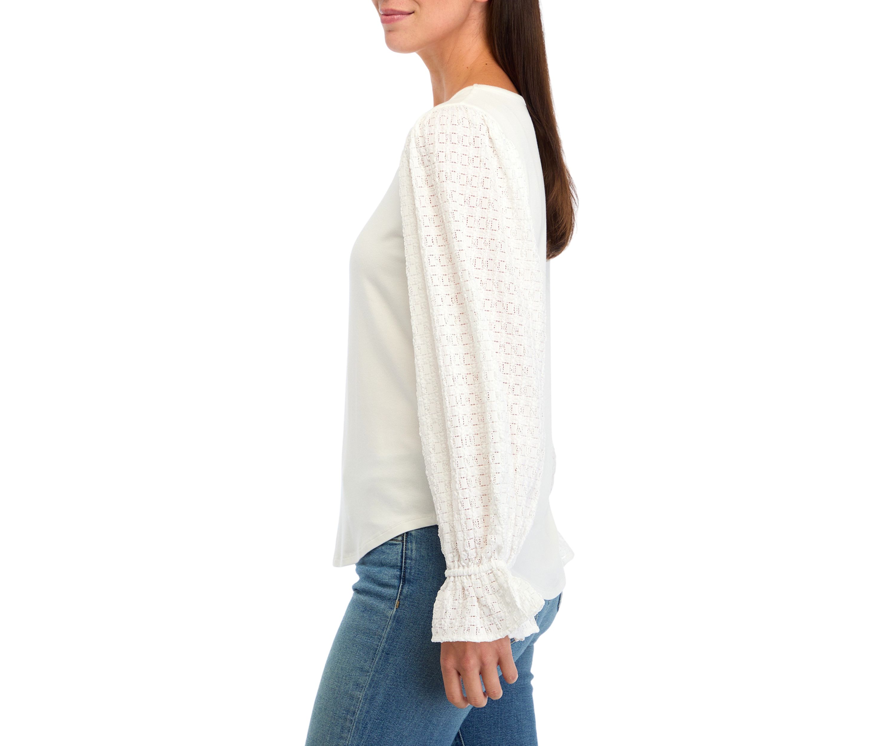 Womens Puff Sleeve Lace Trim Top 