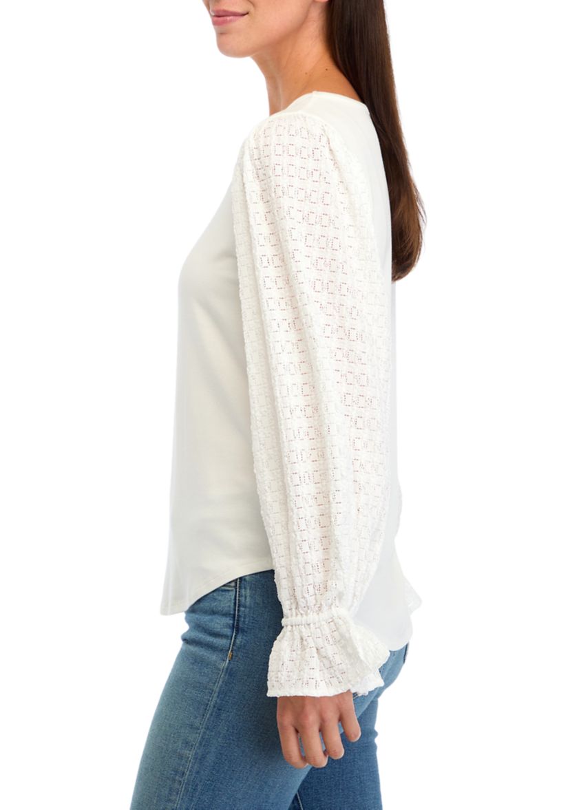 Womens Puff Sleeve Lace Trim Top 
