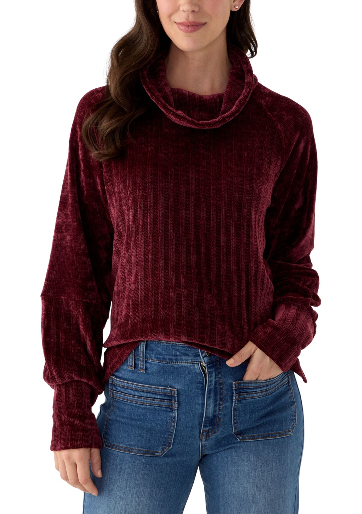Womens Chenille Turtleneck Top with Side Slits