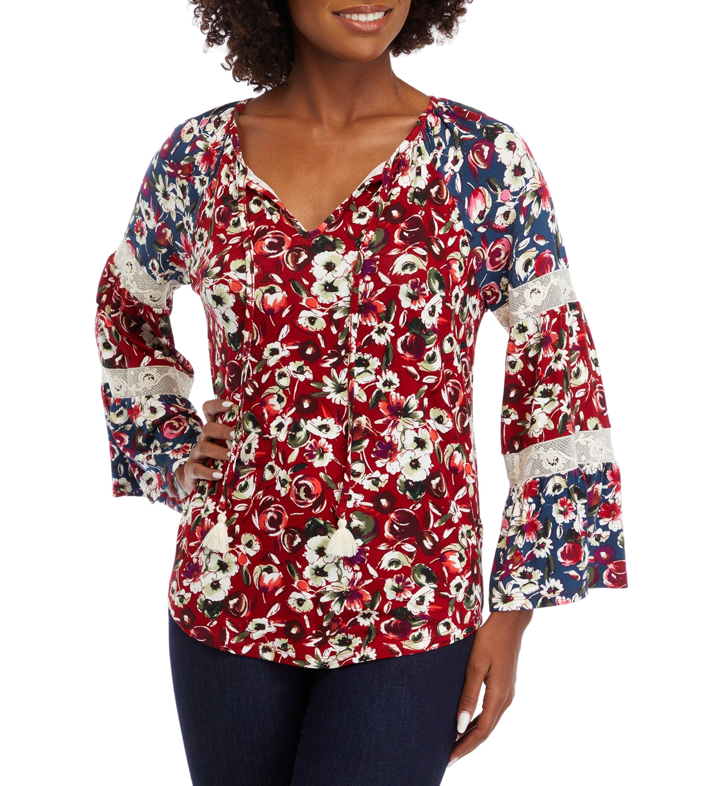 Womens Long Sleeve Tier Mix Print Top