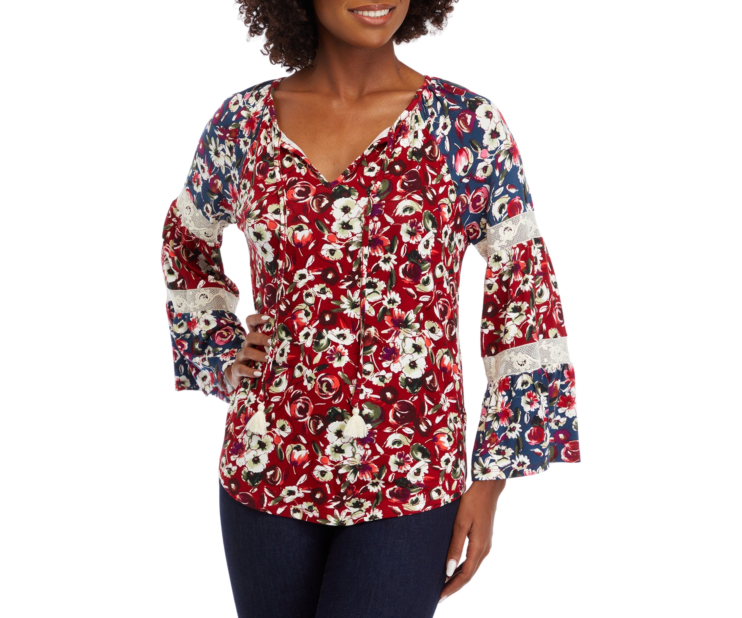 Womens Long Sleeve Tier Mix Print Top