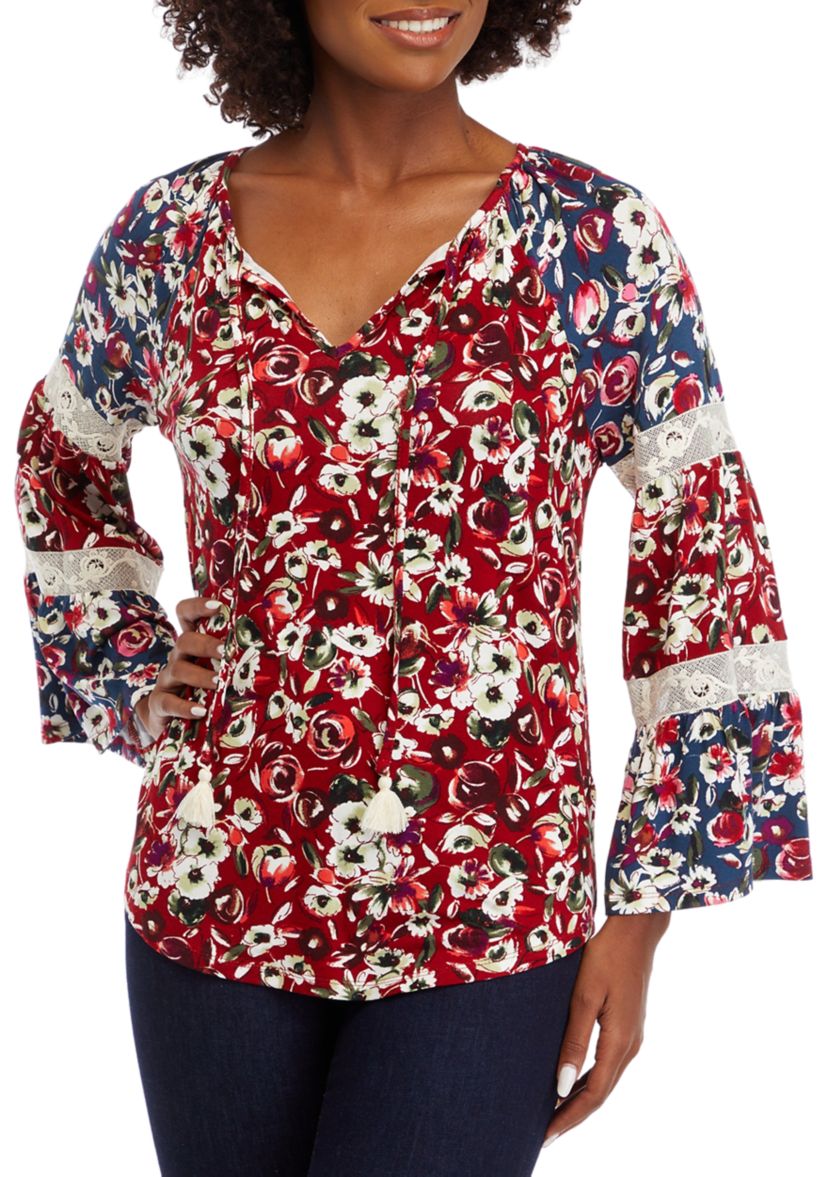 Womens Long Sleeve Tier Mix Print Top