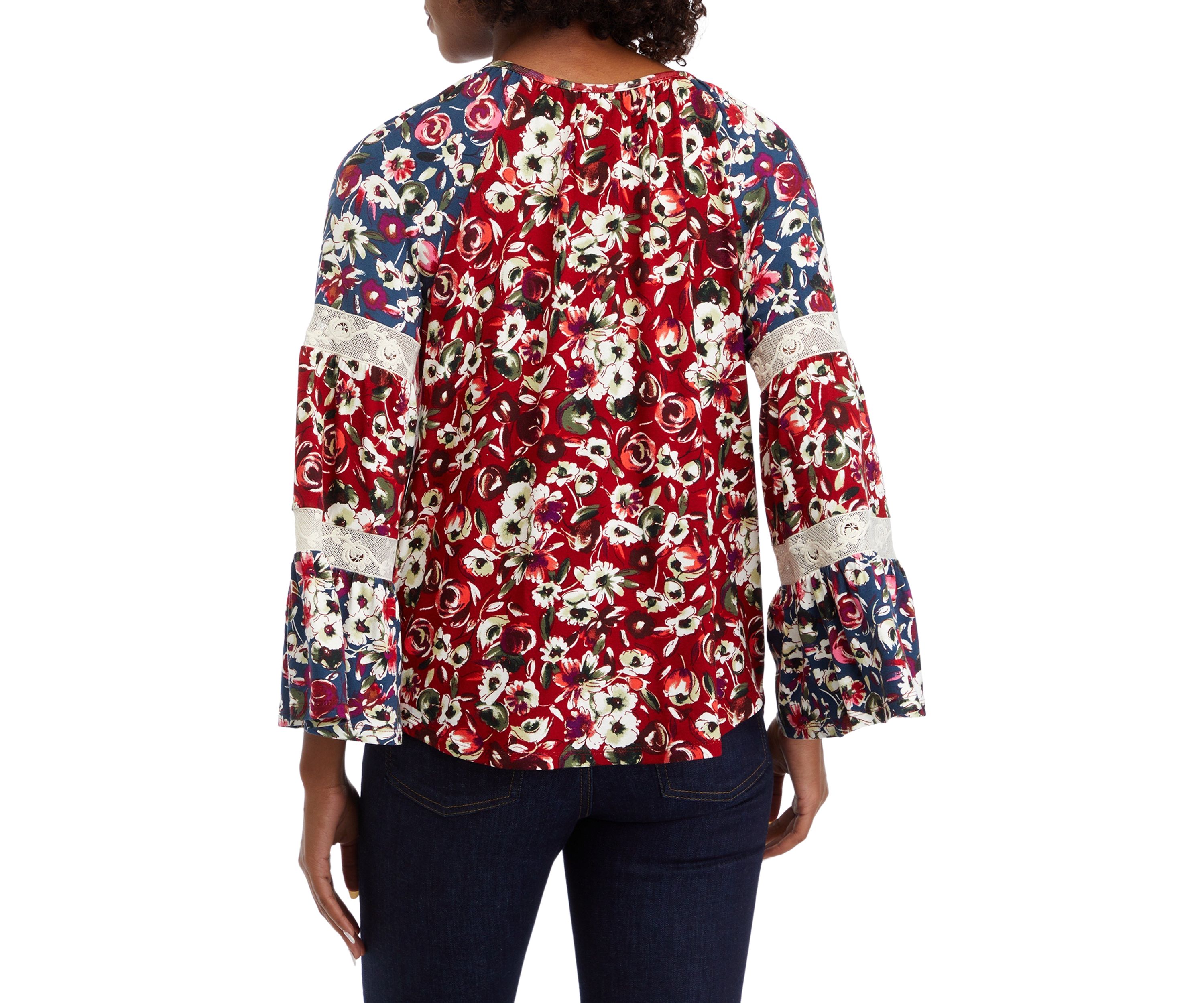 Womens Long Sleeve Tier Mix Print Top