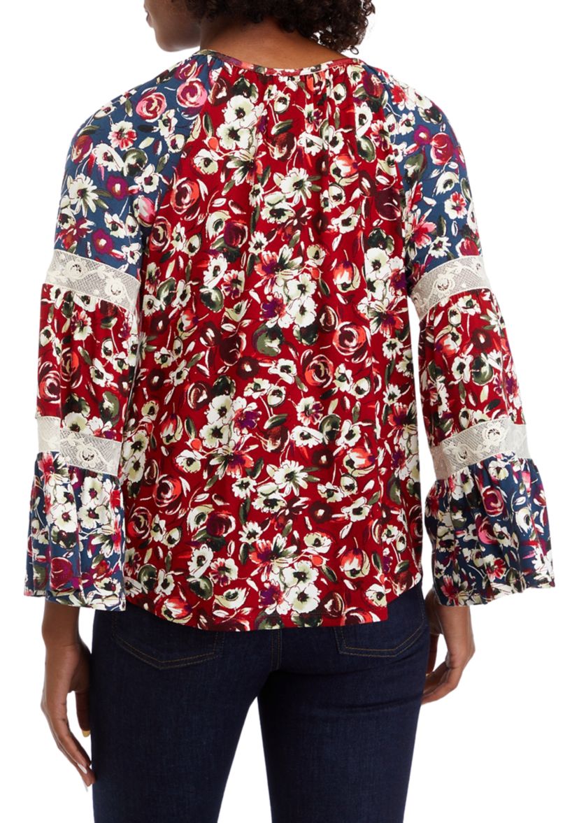 Womens Long Sleeve Tier Mix Print Top