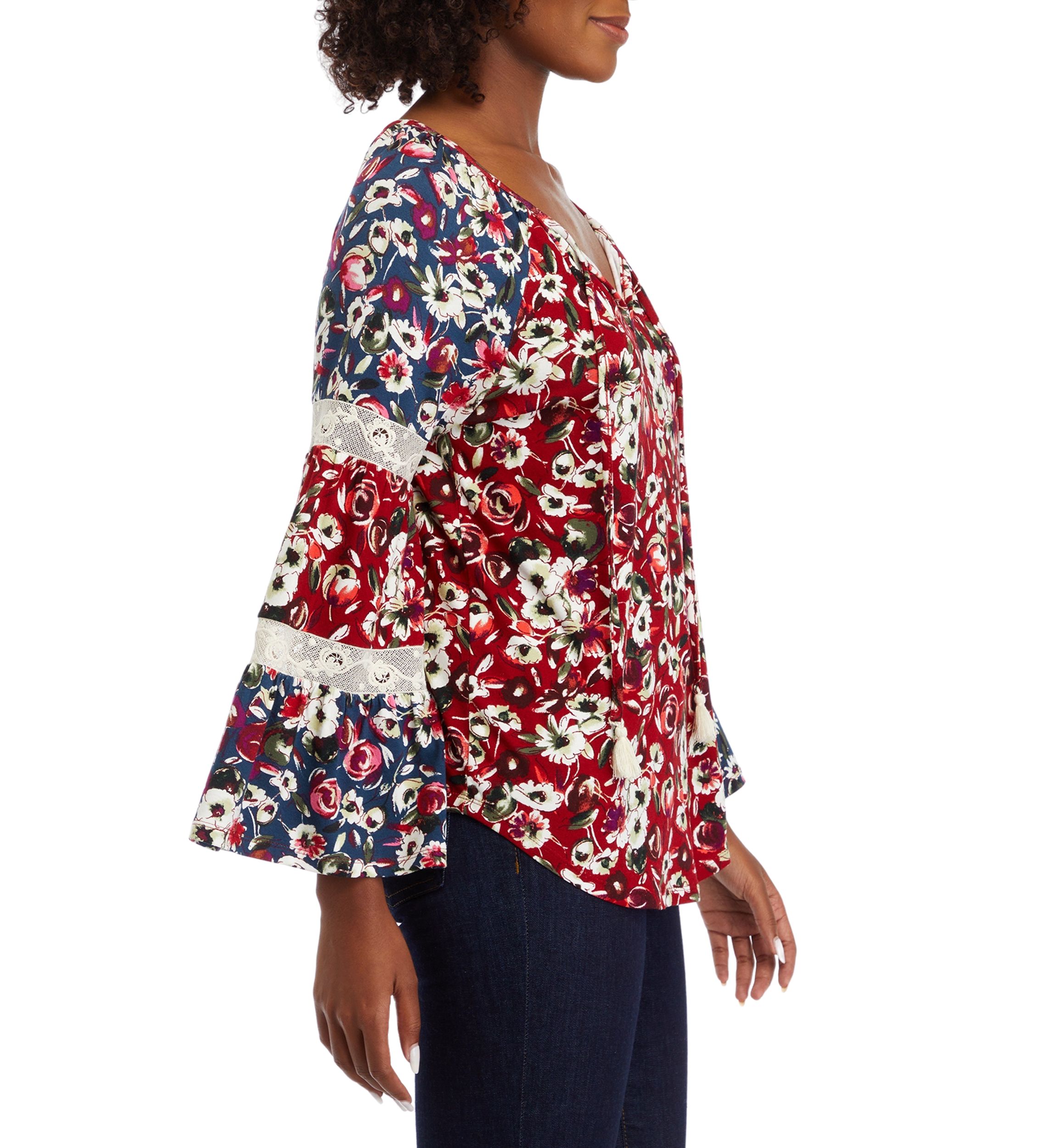 Womens Long Sleeve Tier Mix Print Top