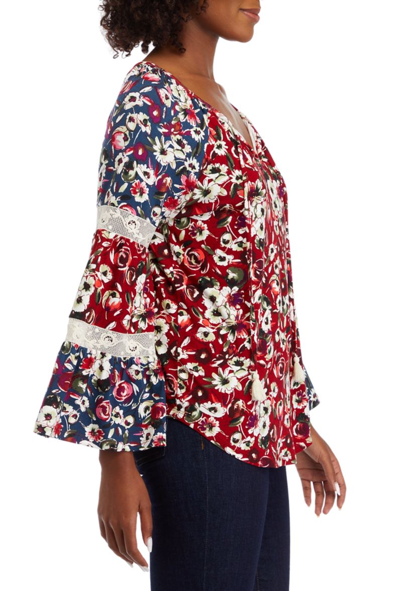 Womens Long Sleeve Tier Mix Print Top