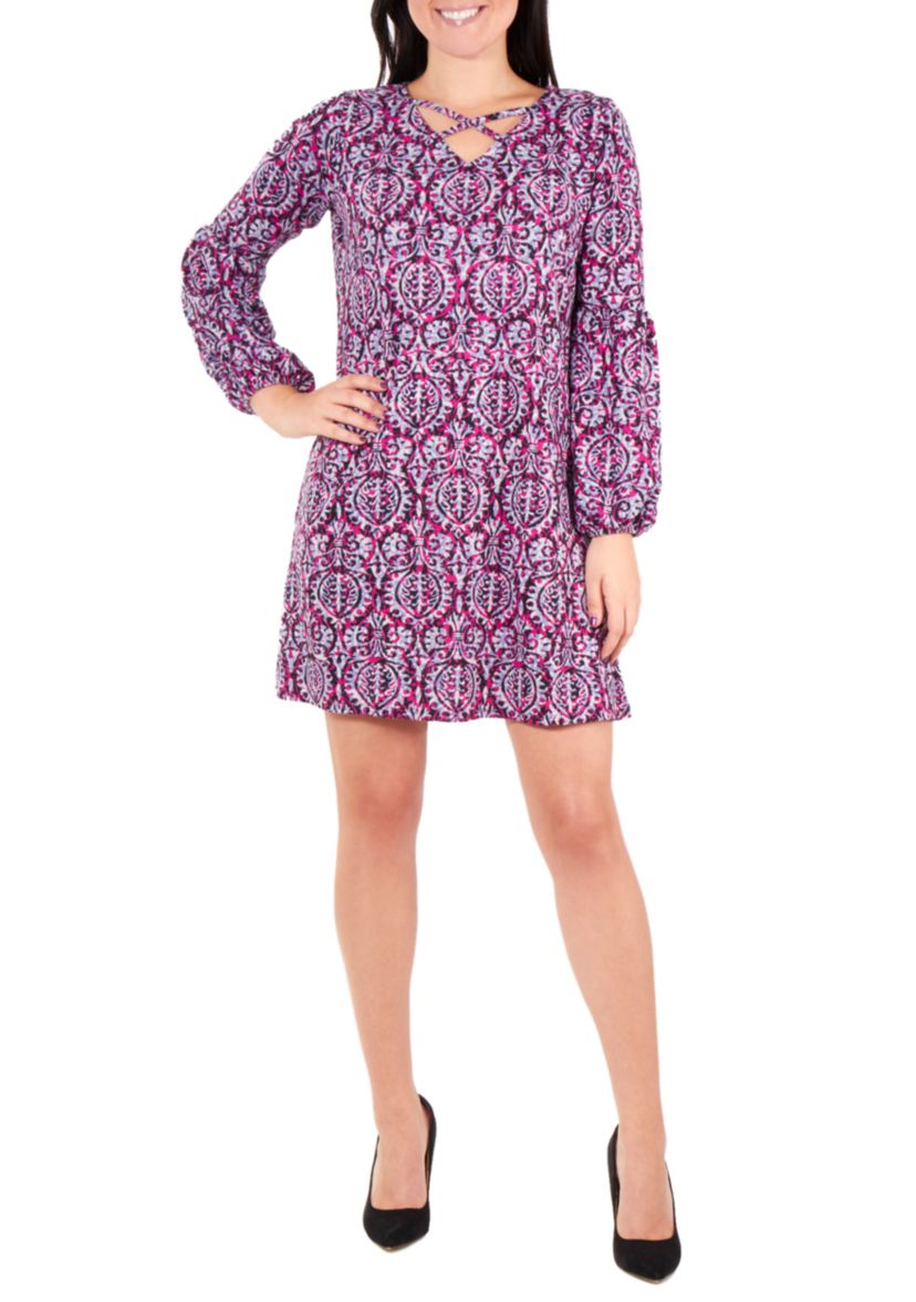 Petite Long Sleeve V Neck Lattice Dress