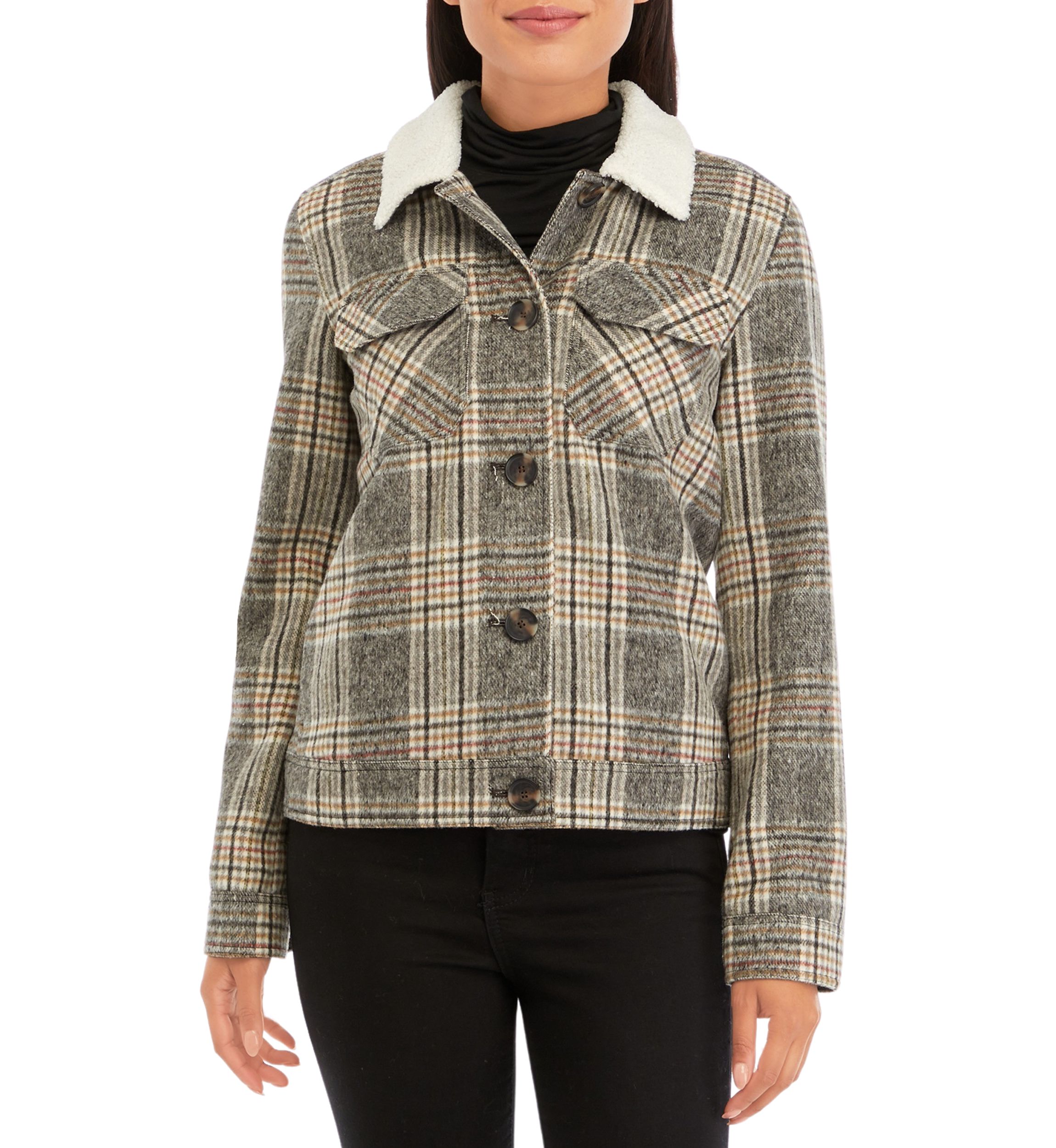 Womens Sherpa Collar Plaid Jacket