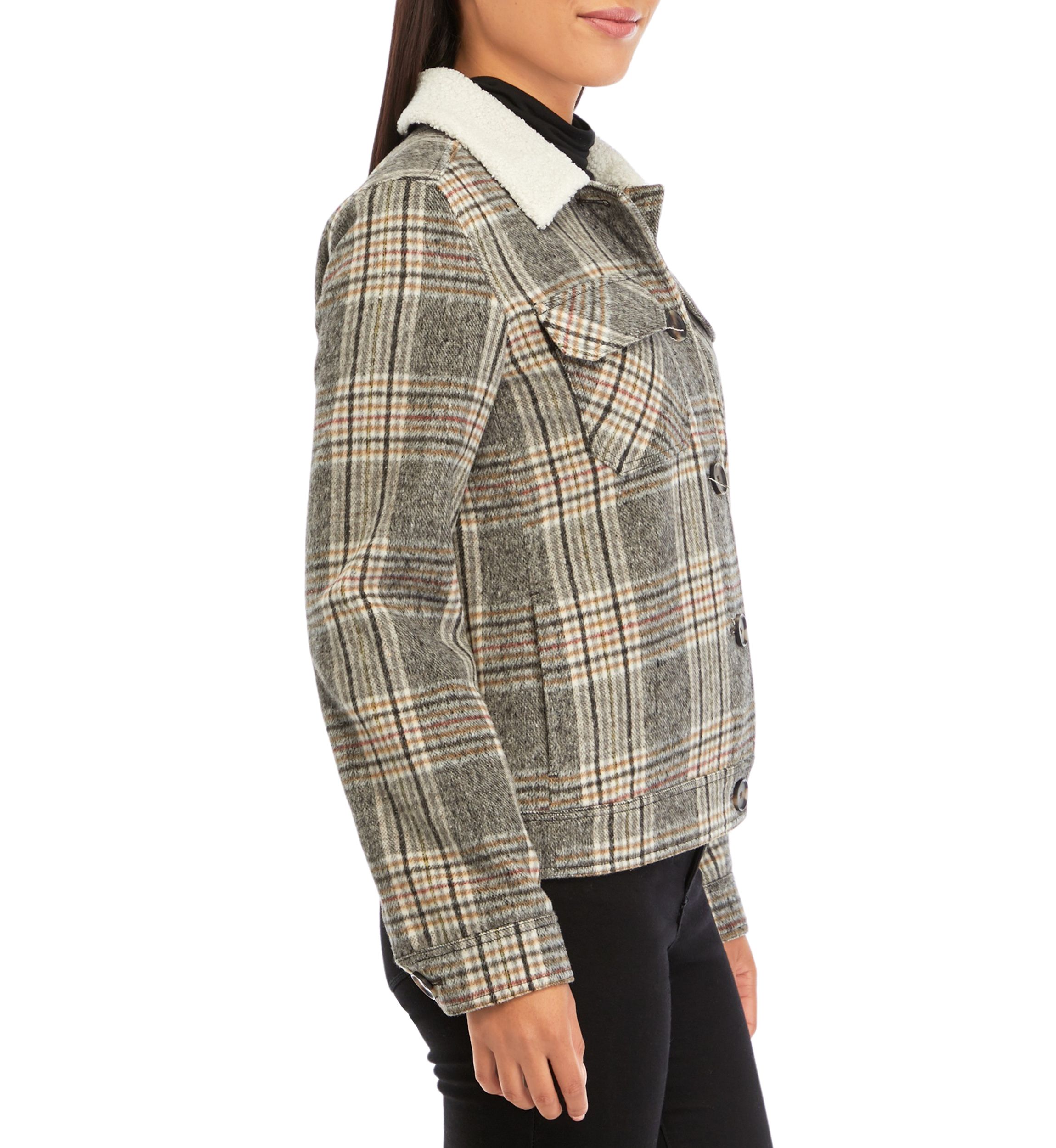 Womens Sherpa Collar Plaid Jacket