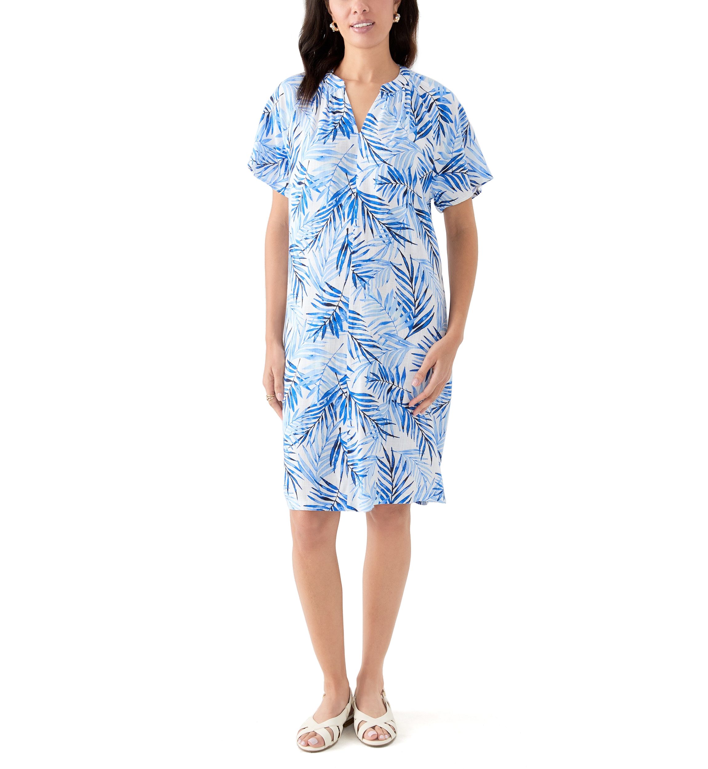 Womens Split Neck Printed Linen-Blend Dress