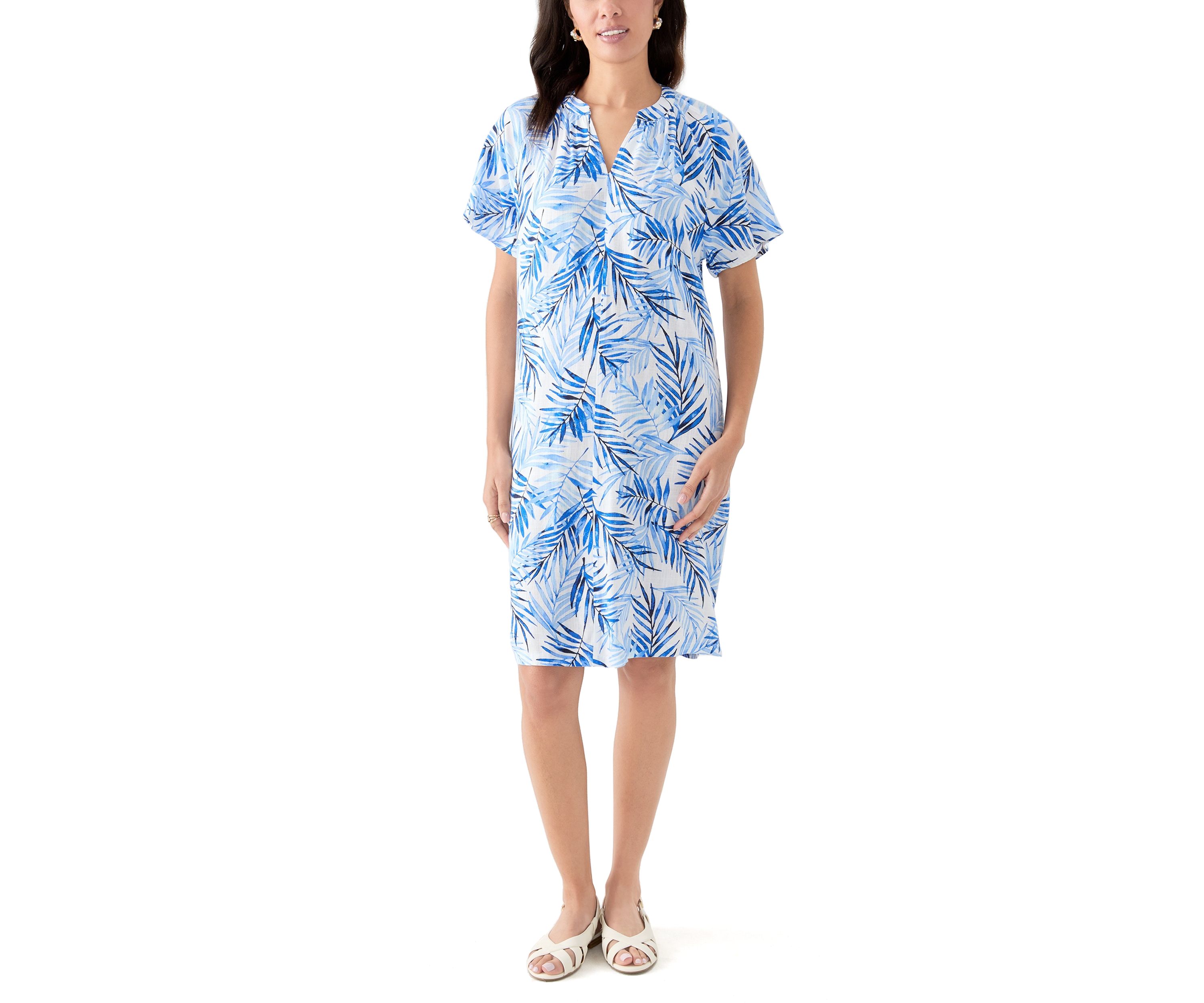 Womens Split Neck Printed Linen-Blend Dress