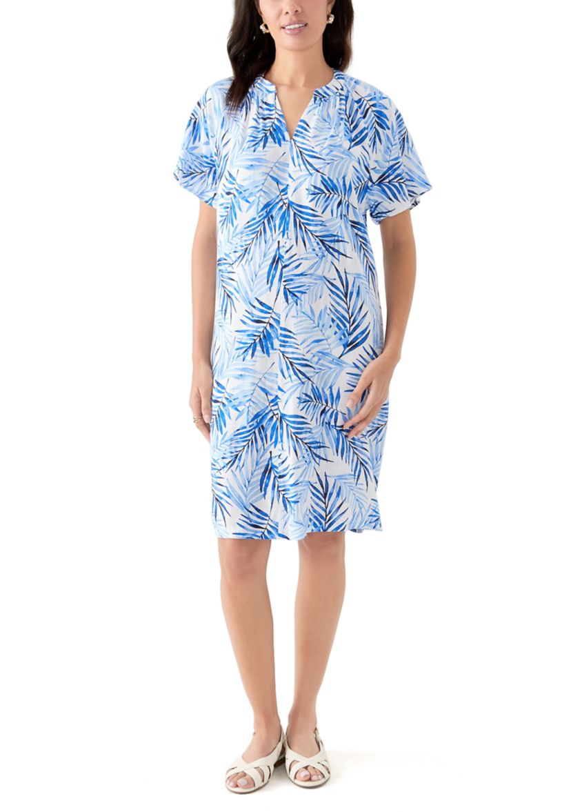 Womens Split Neck Printed Linen-Blend Dress