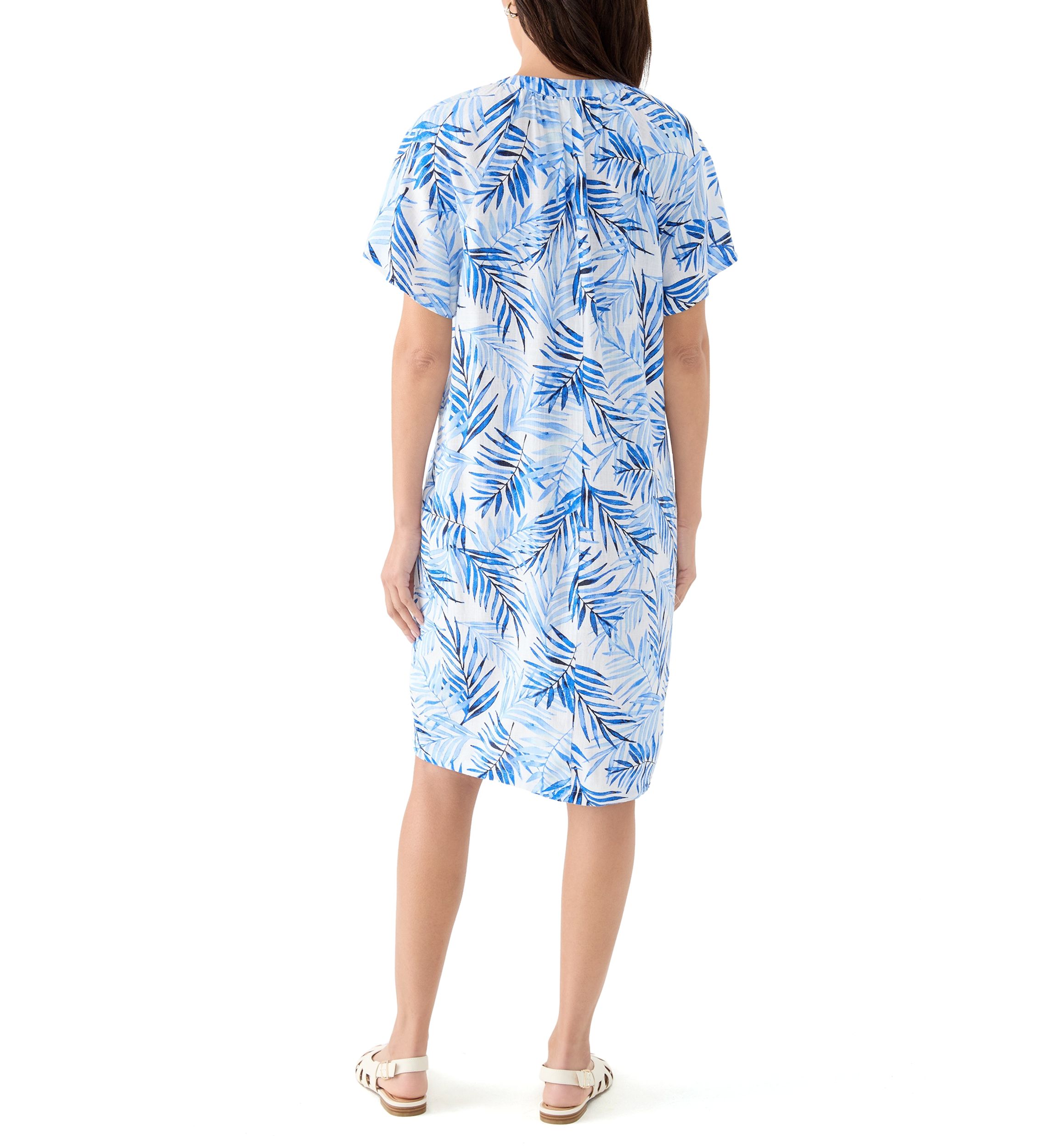 Womens Split Neck Printed Linen-Blend Dress