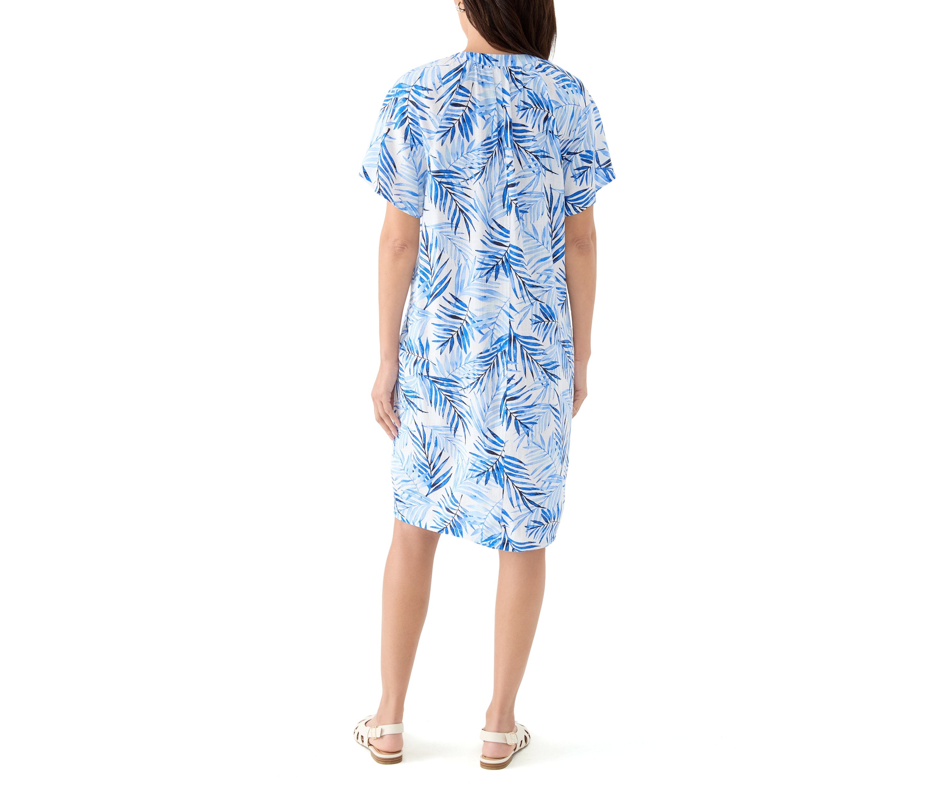 Womens Split Neck Printed Linen-Blend Dress