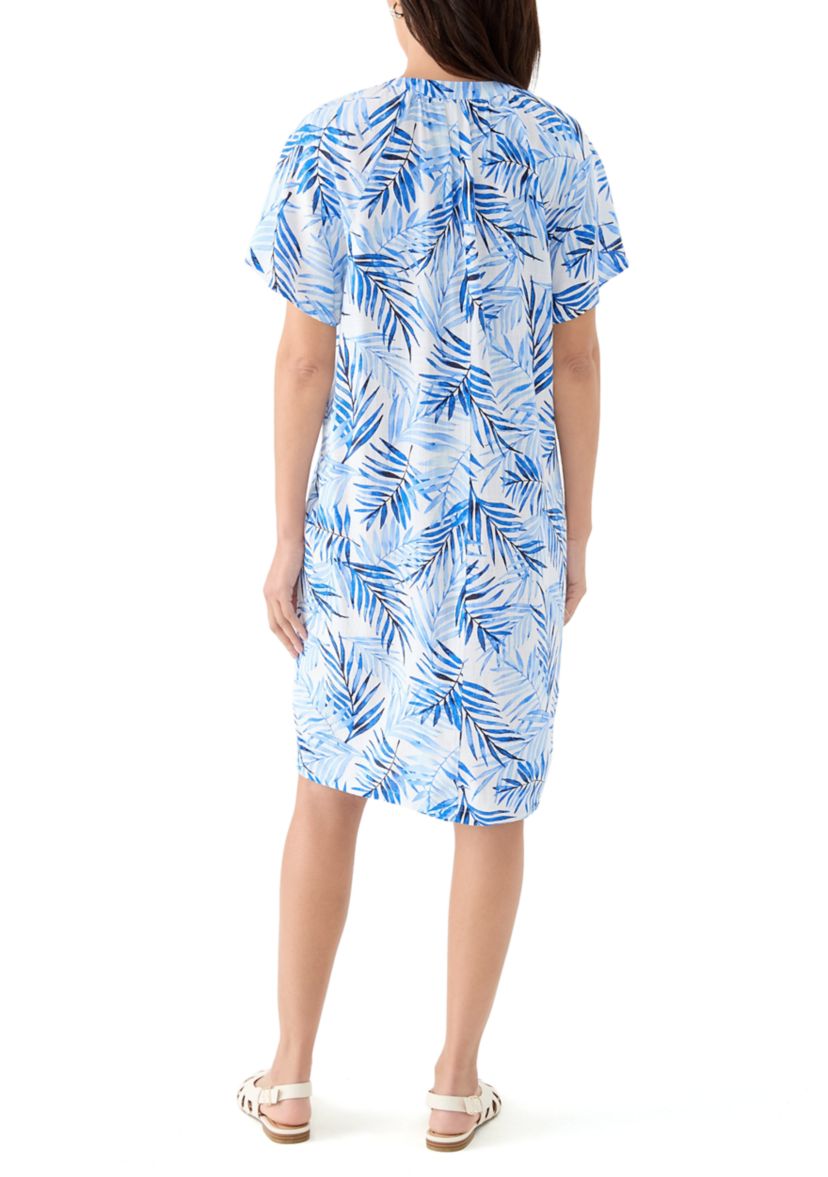 Womens Split Neck Printed Linen-Blend Dress