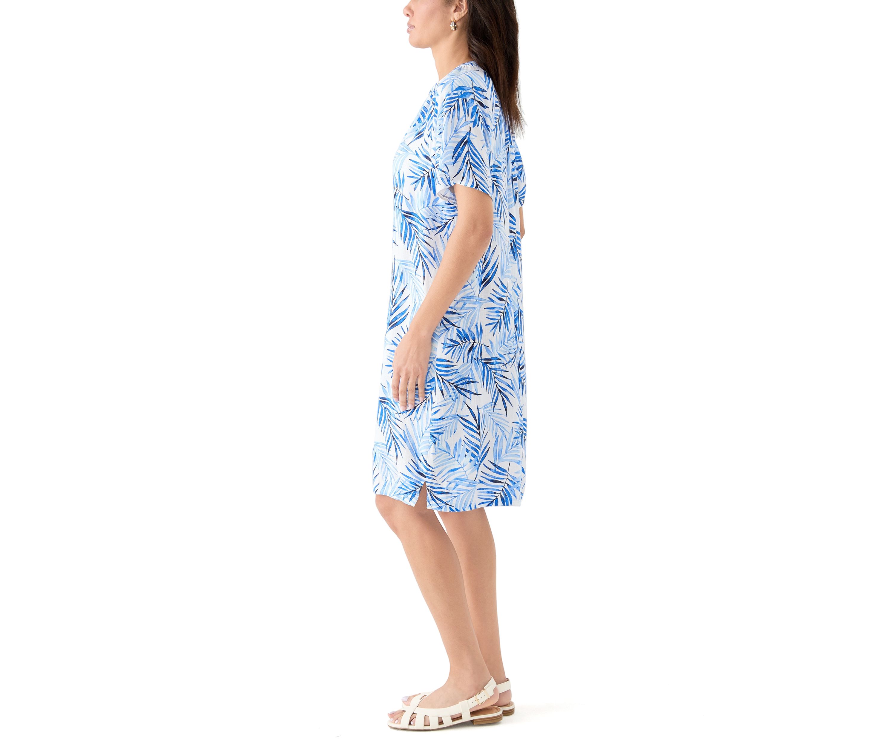 Womens Split Neck Printed Linen-Blend Dress