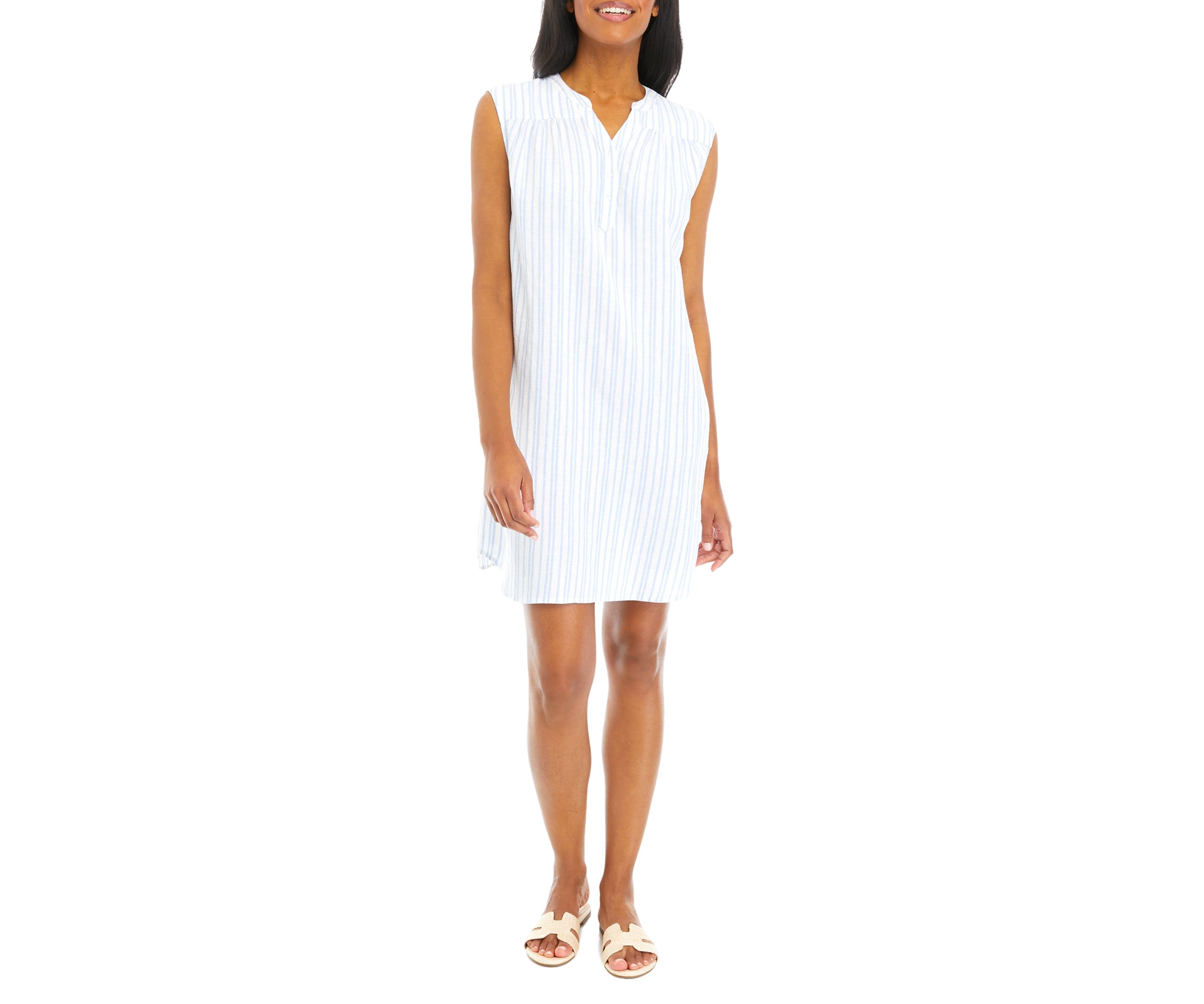 Petite Sleeveless Linen Henley Stripe Dress