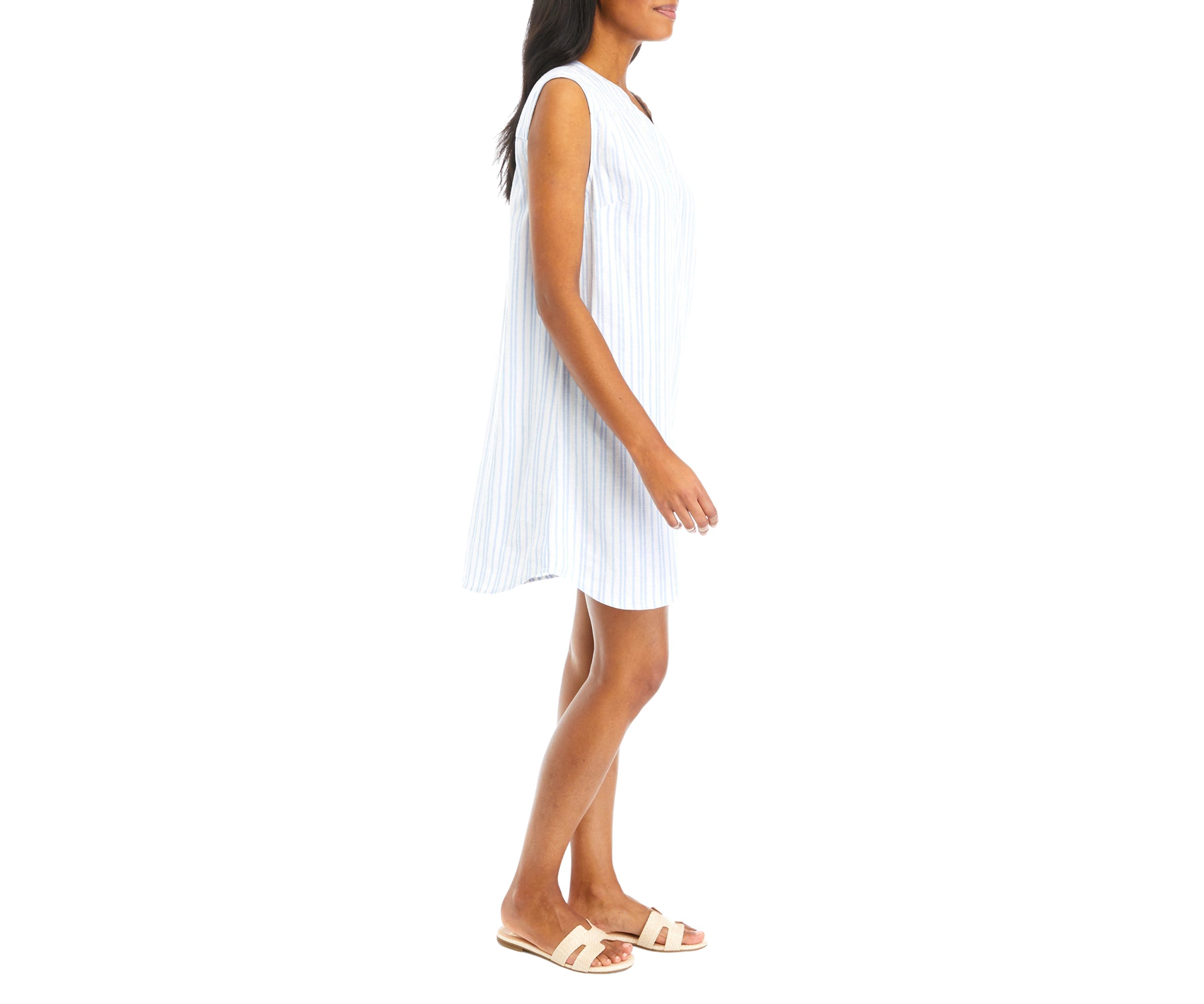 Petite Sleeveless Linen Henley Stripe Dress
