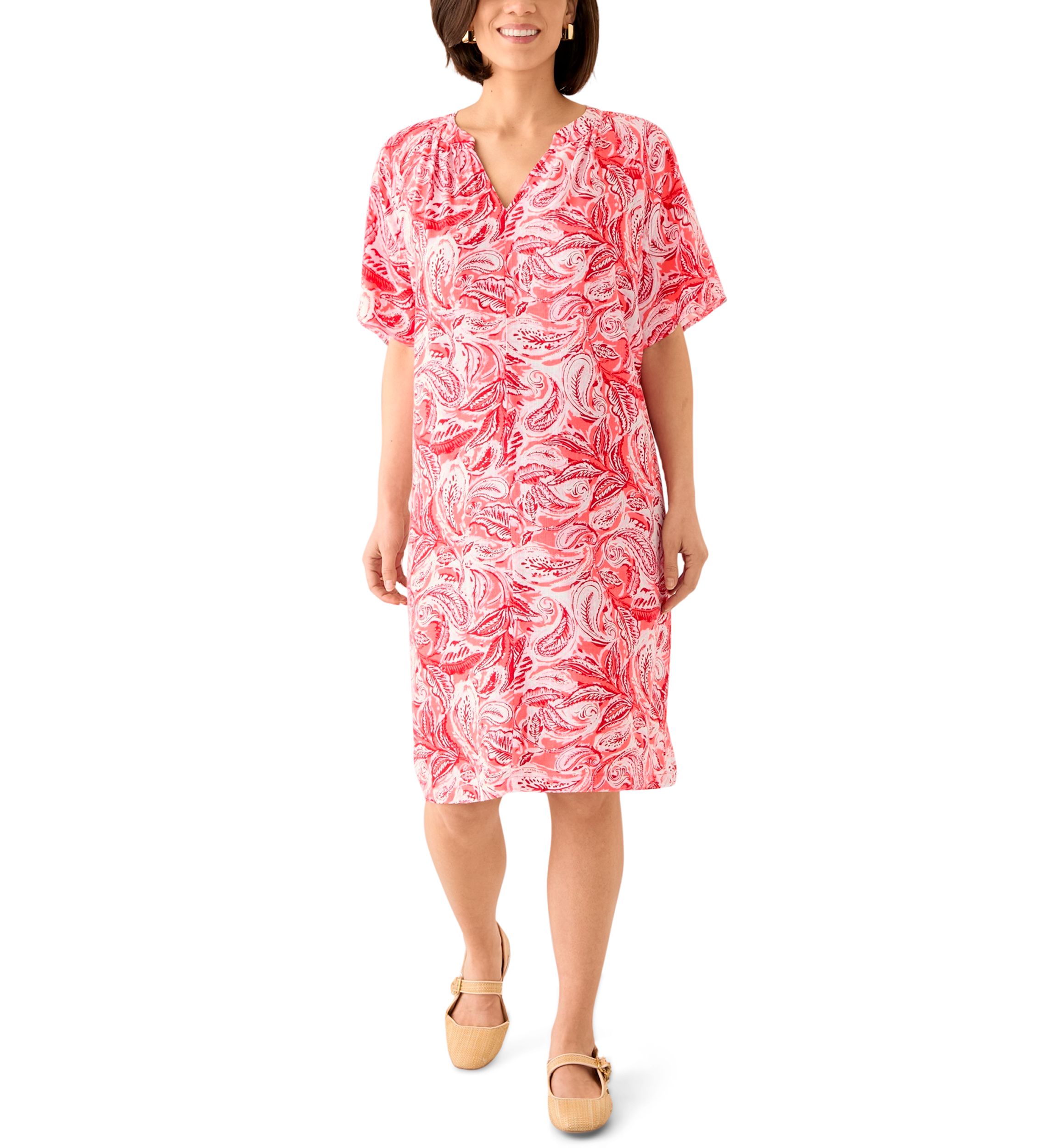 Petite Short Sleeve Split Neck Printed Dress