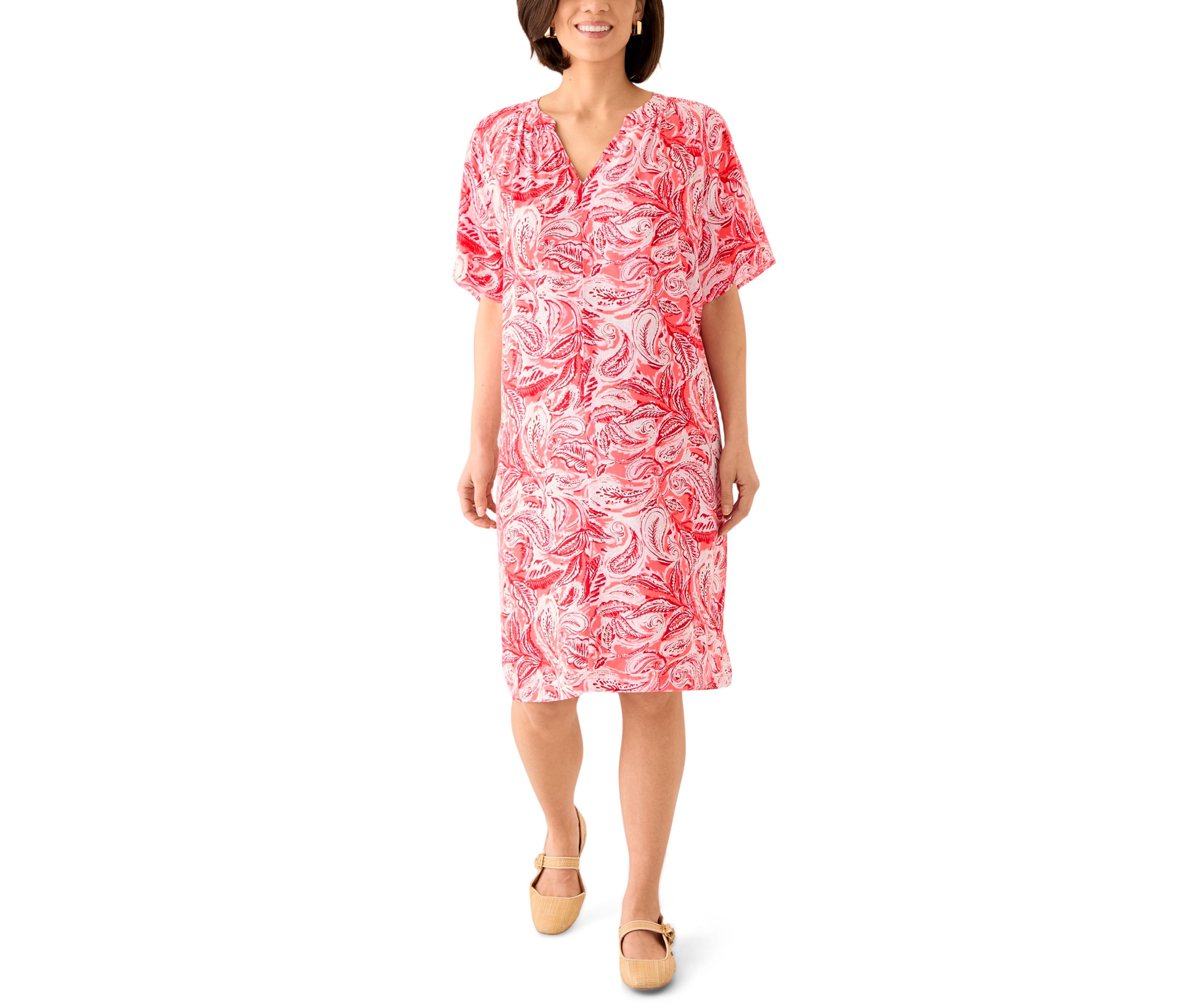 Petite Short Sleeve Split Neck Printed Dress