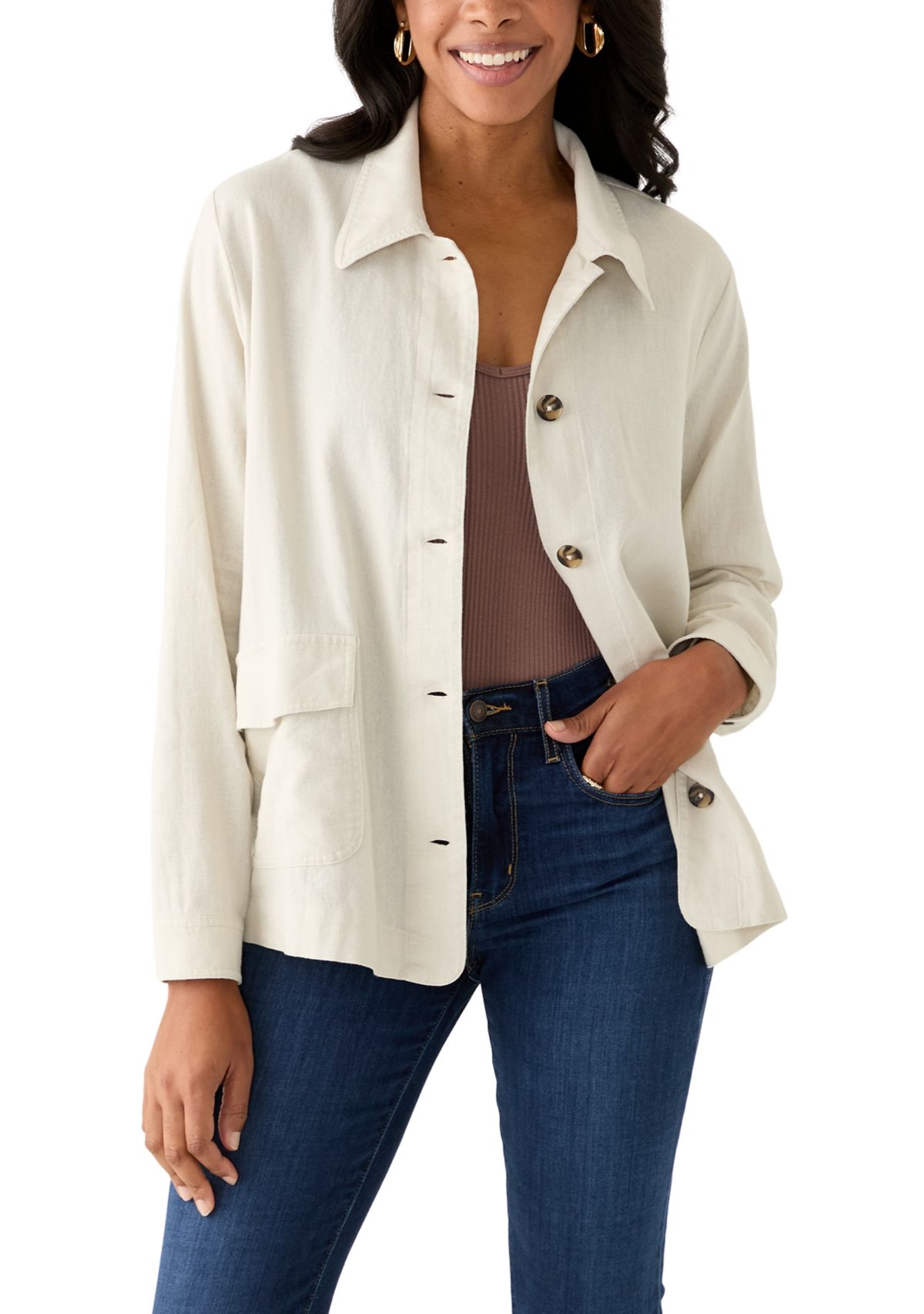 Womens Long Sleeve Collared Linen Chore Jacket