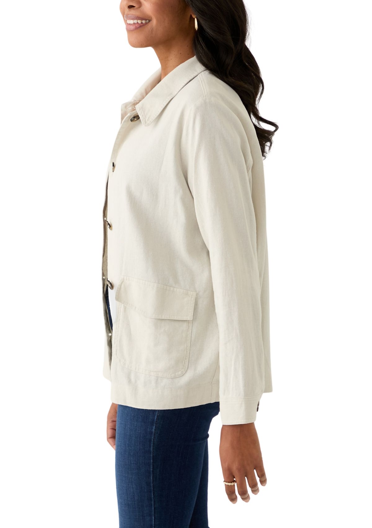 Womens Long Sleeve Collared Linen Chore Jacket