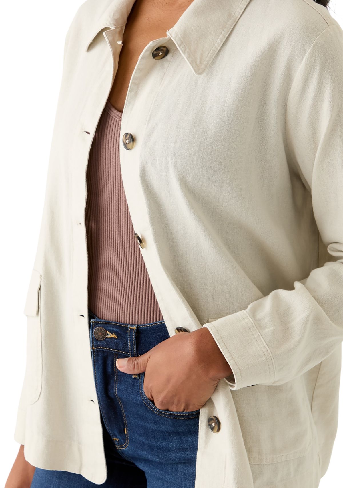 Womens Long Sleeve Collared Linen Chore Jacket