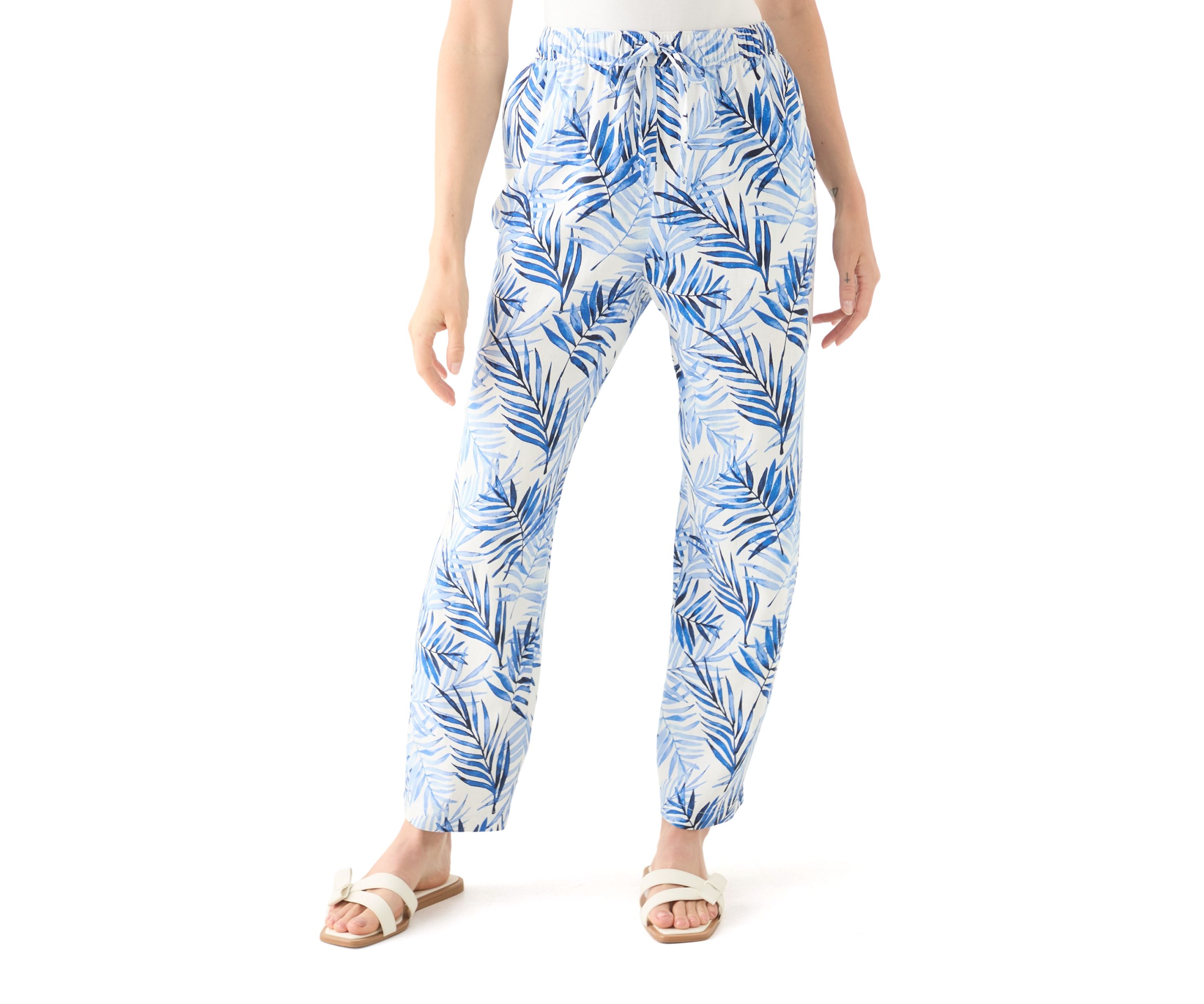 Petite Pull On Printed Linen Blend Trousers