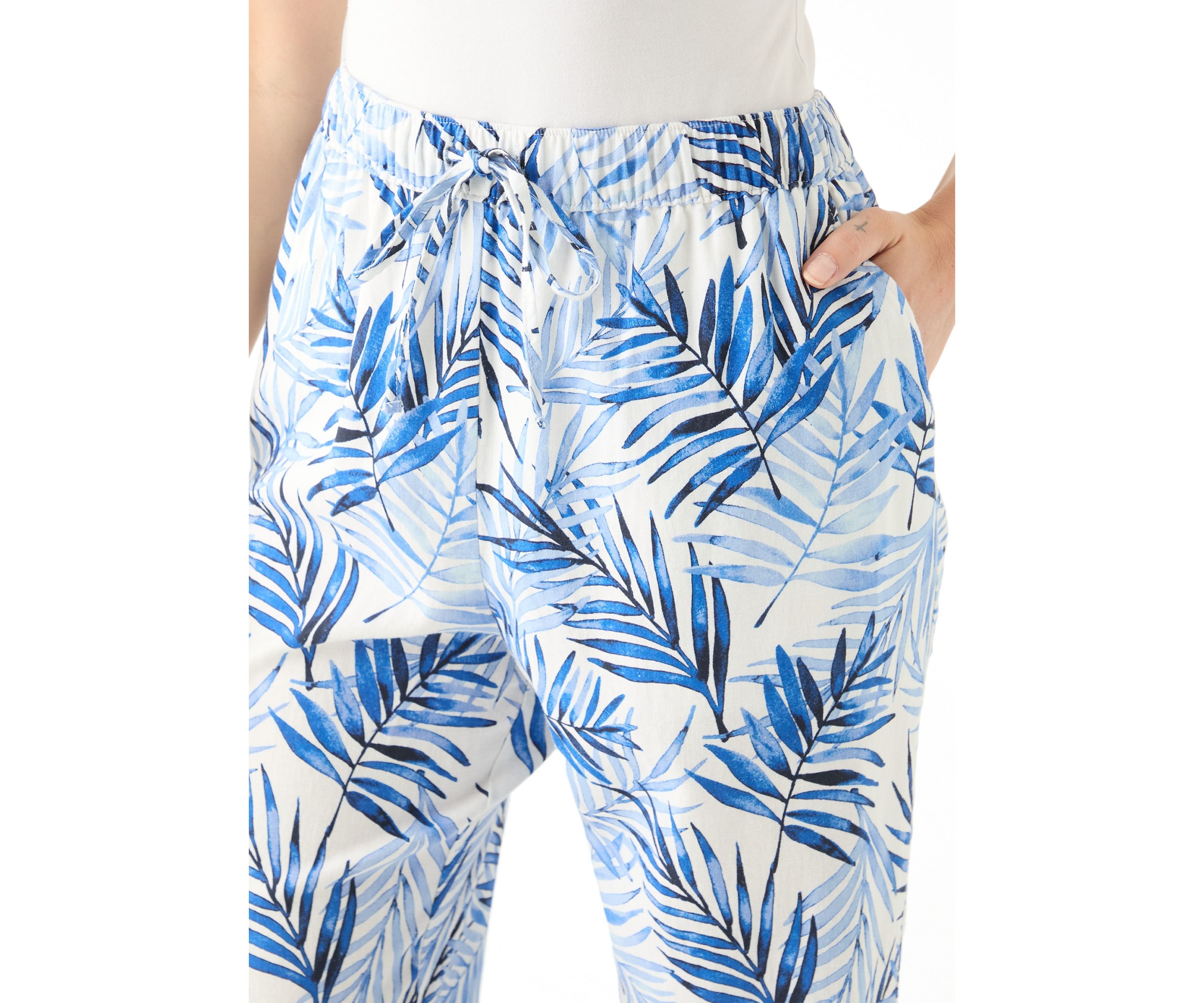 Petite Pull On Printed Linen Blend Trousers