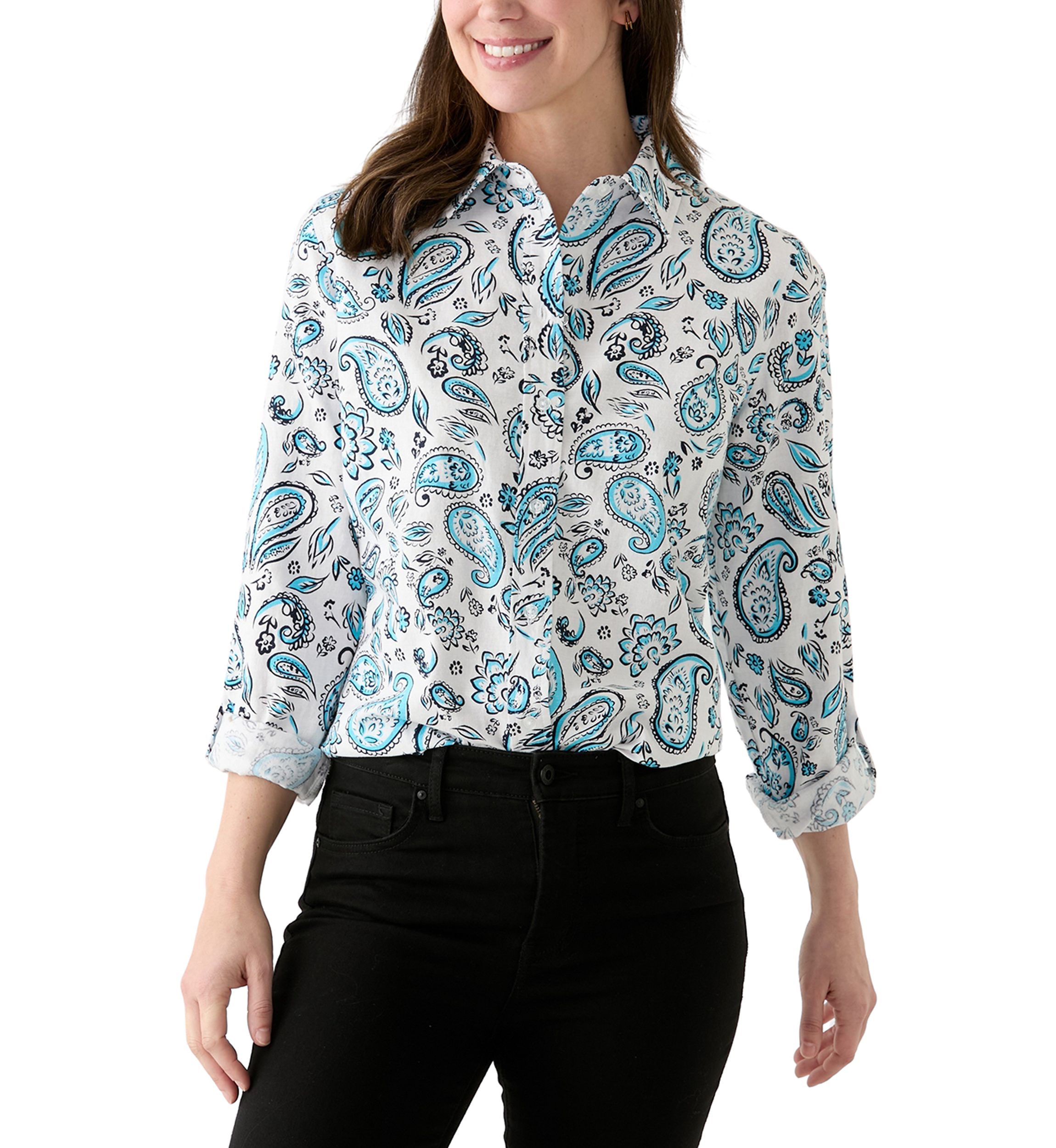Womens Long Roll Tab Sleeve Paisley Linen Blend Shirt 