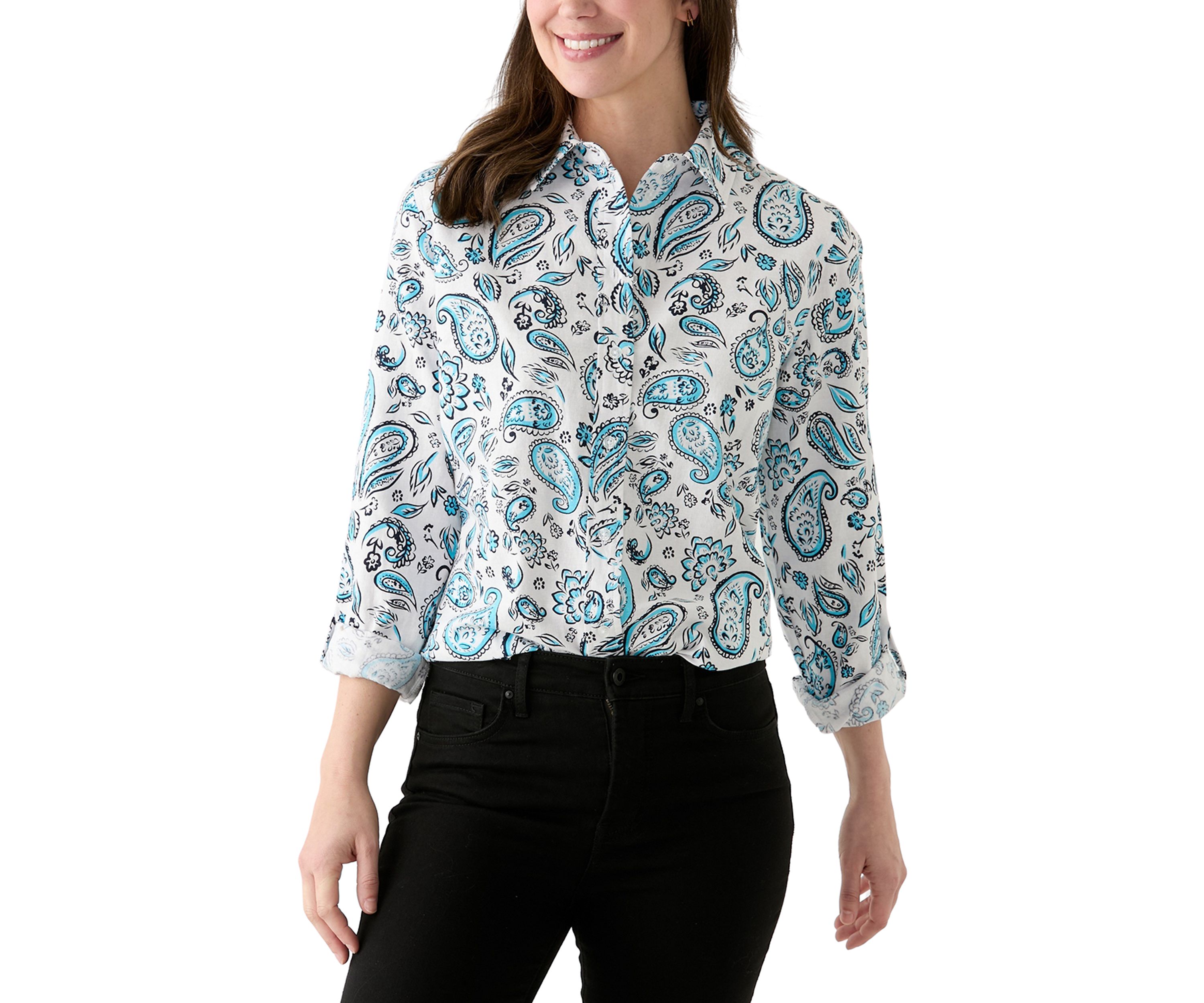 Womens Long Roll Tab Sleeve Paisley Linen Blend Shirt 