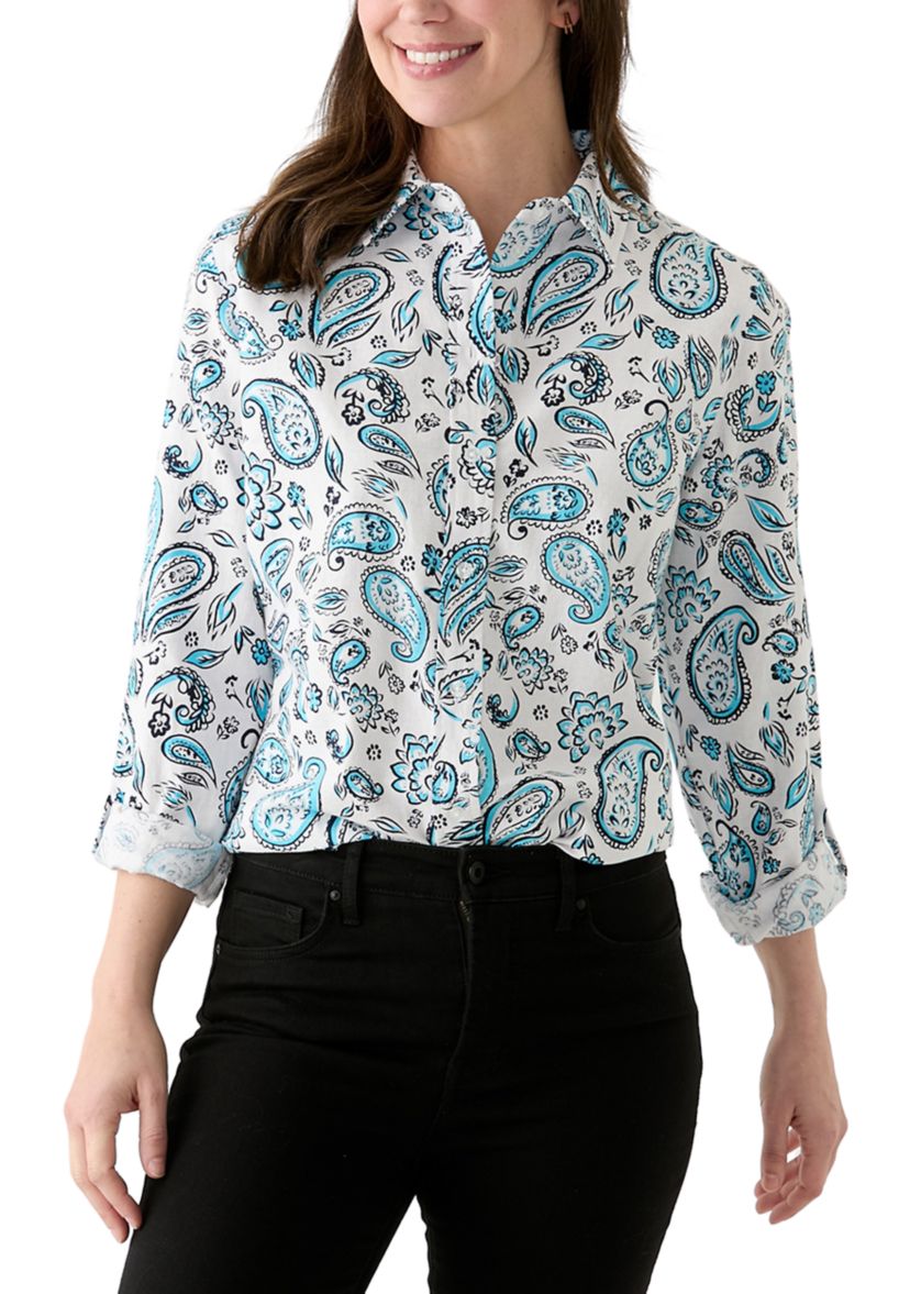 Womens Long Roll Tab Sleeve Paisley Linen Blend Shirt 
