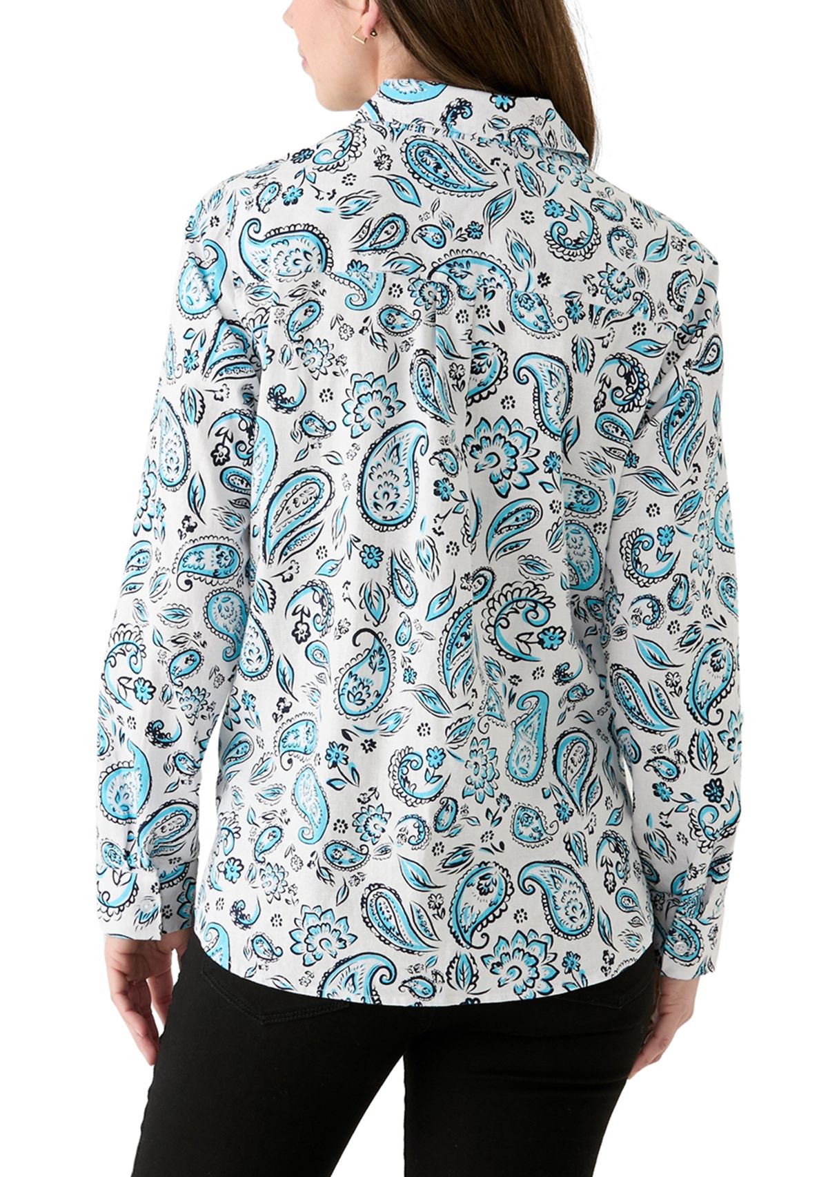 Womens Long Roll Tab Sleeve Paisley Linen Blend Shirt 