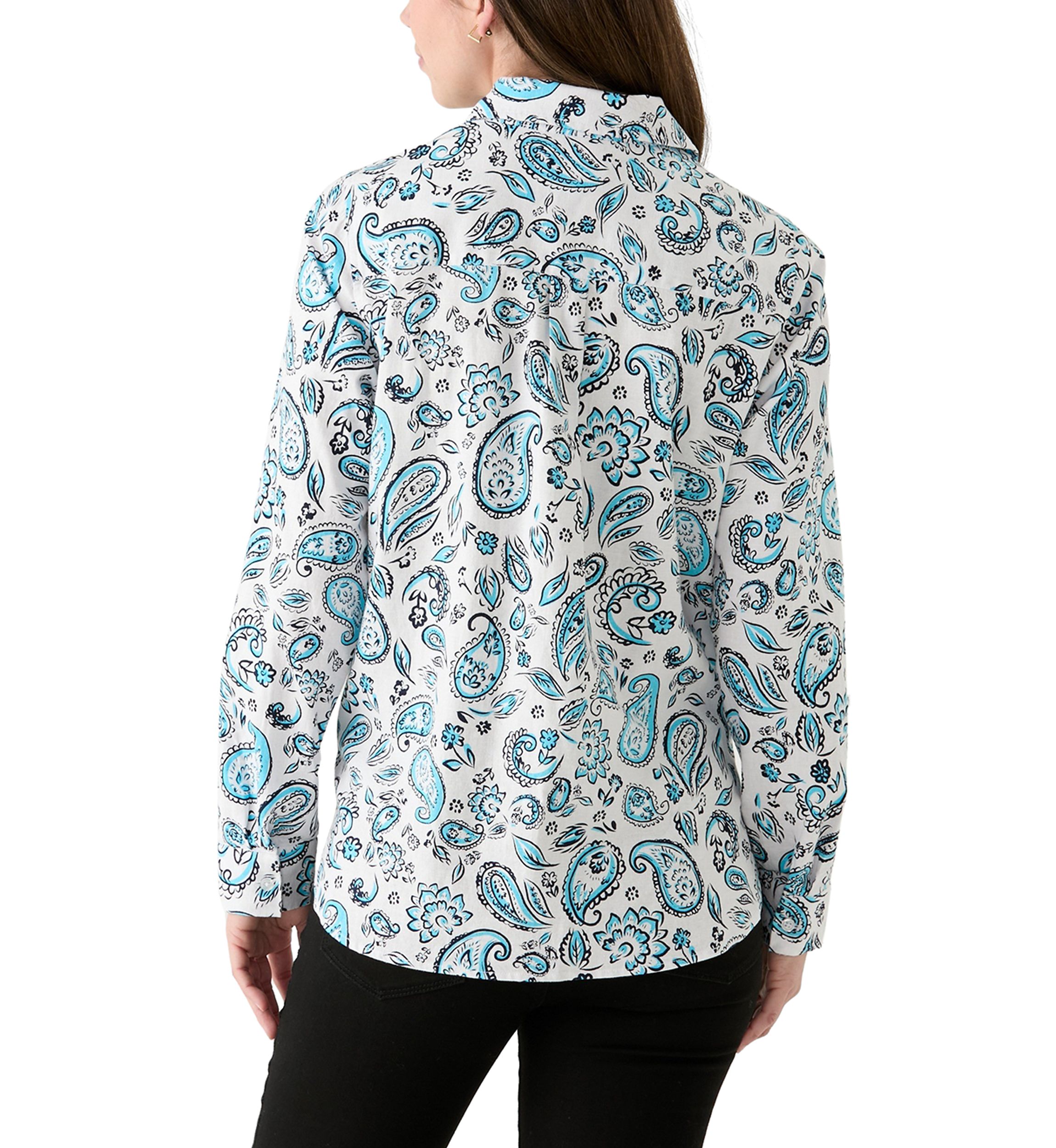 Womens Long Roll Tab Sleeve Paisley Linen Blend Shirt 
