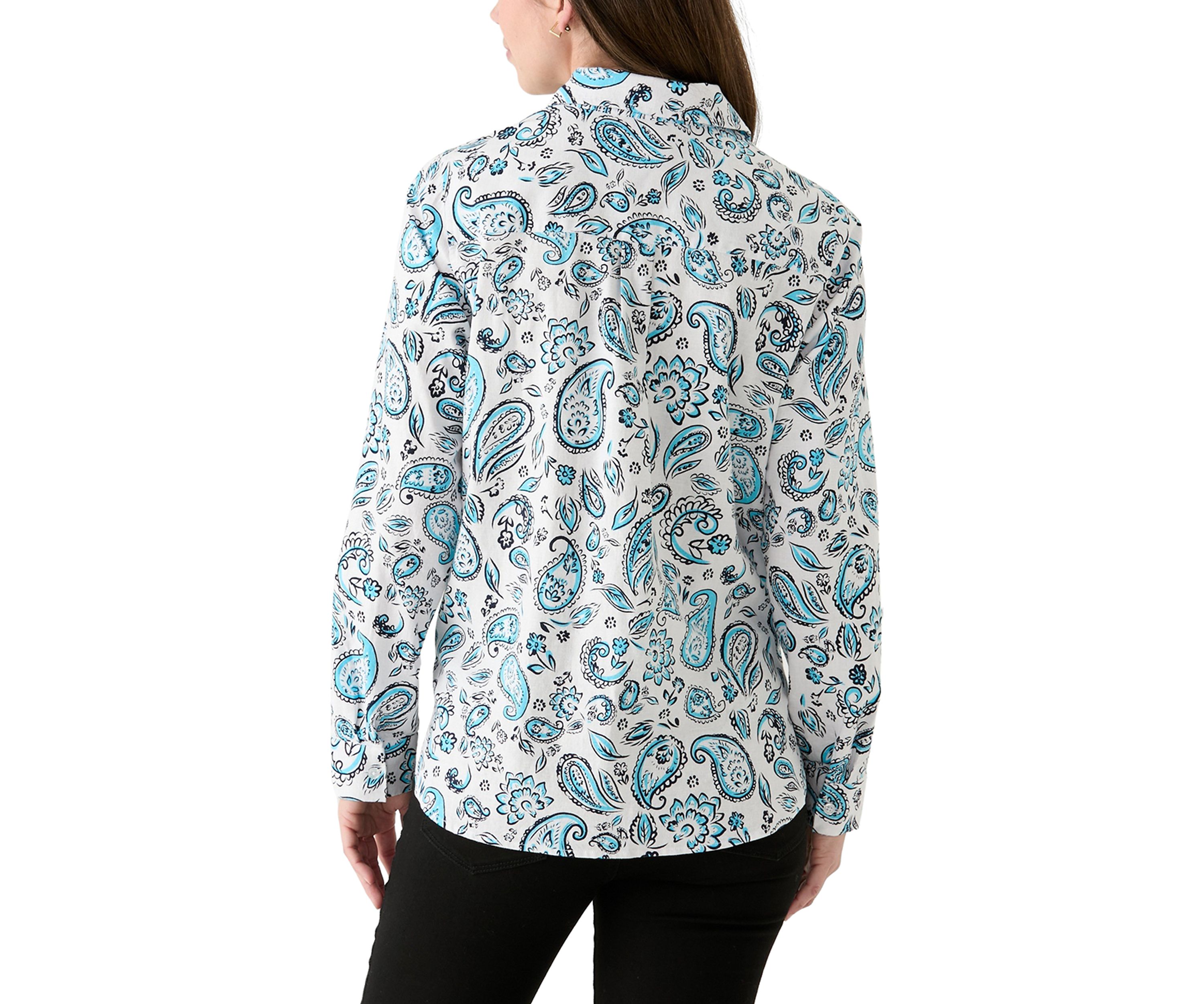 Womens Long Roll Tab Sleeve Paisley Linen Blend Shirt 