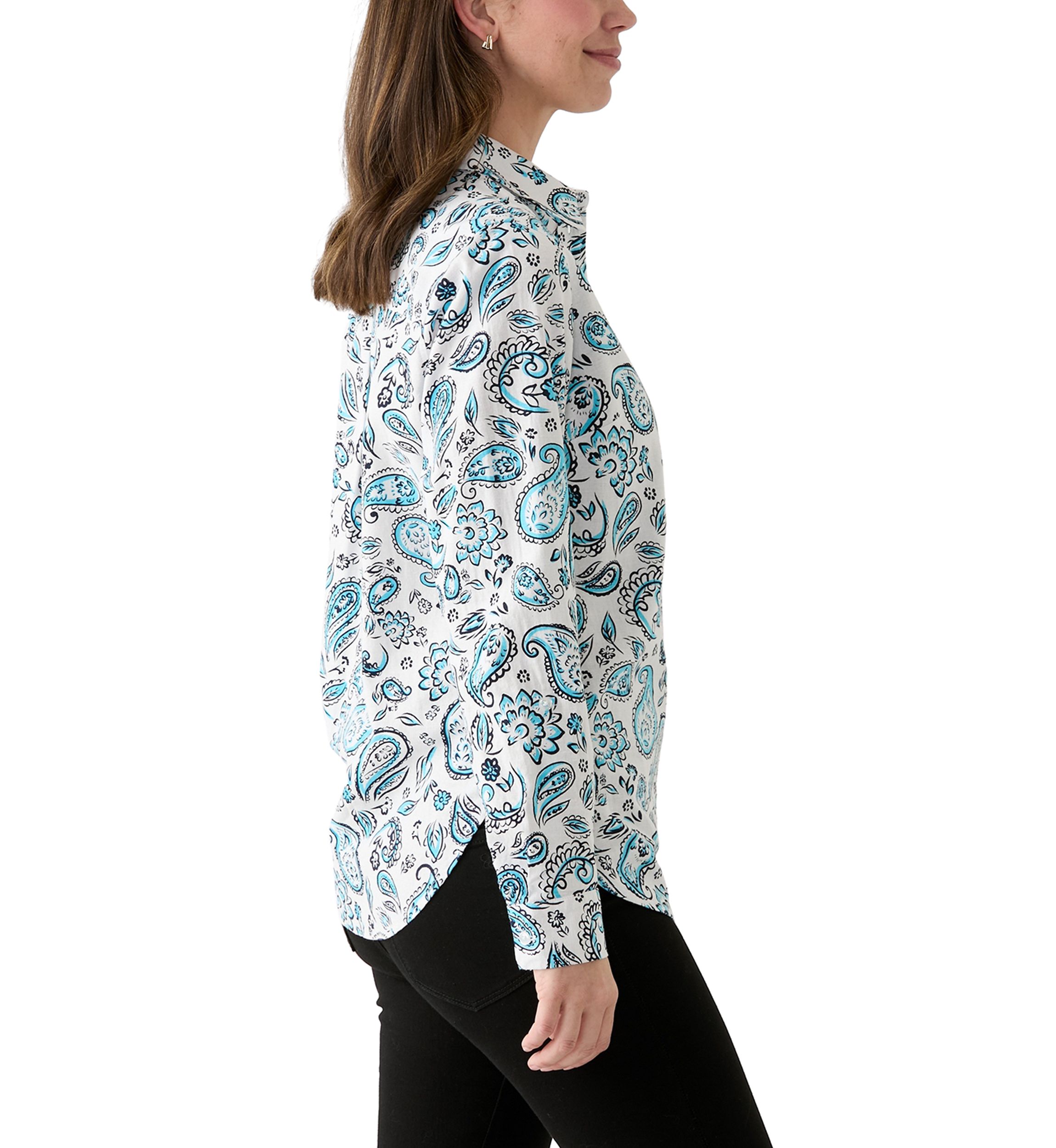 Womens Long Roll Tab Sleeve Paisley Linen Blend Shirt 