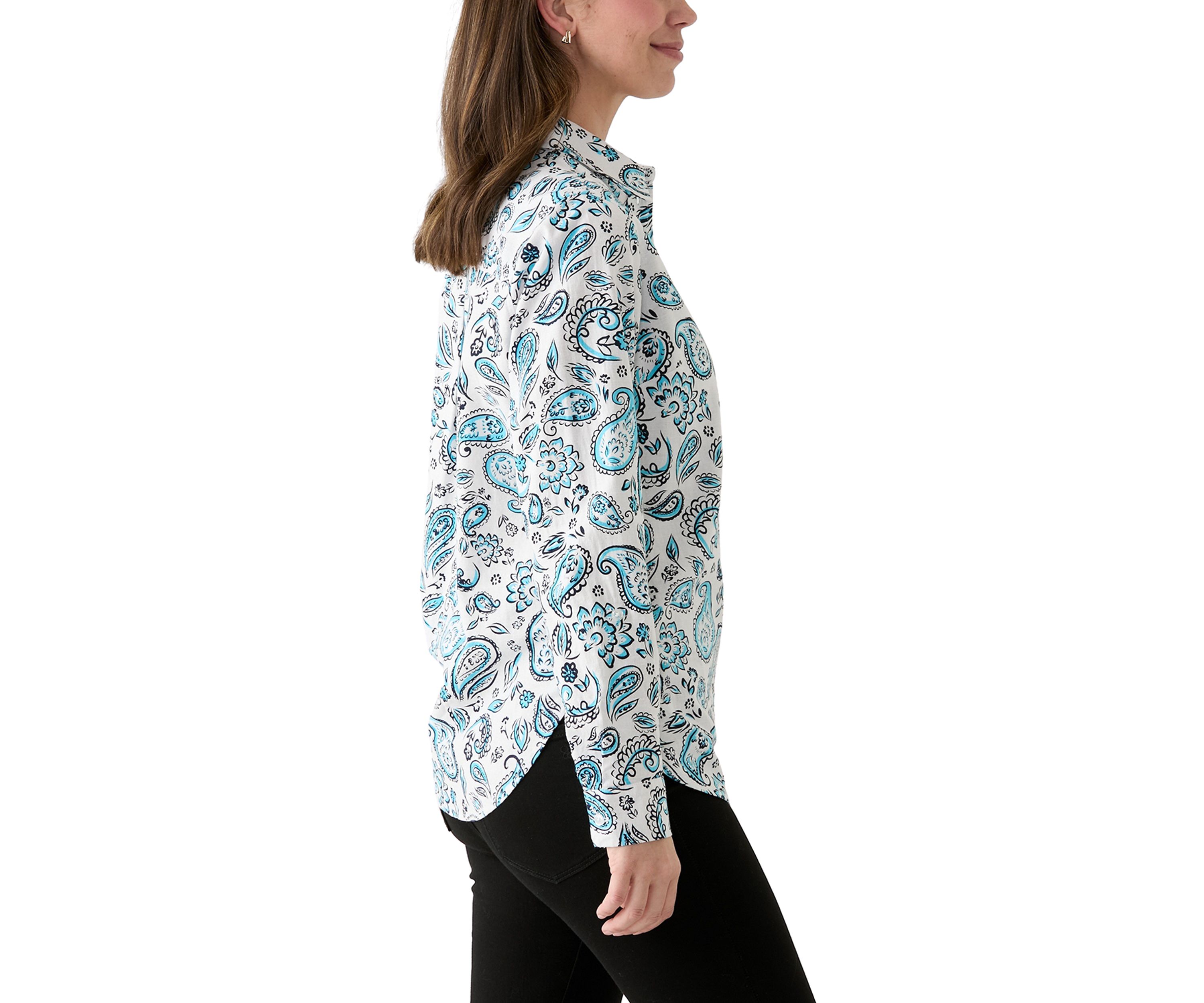 Womens Long Roll Tab Sleeve Paisley Linen Blend Shirt 