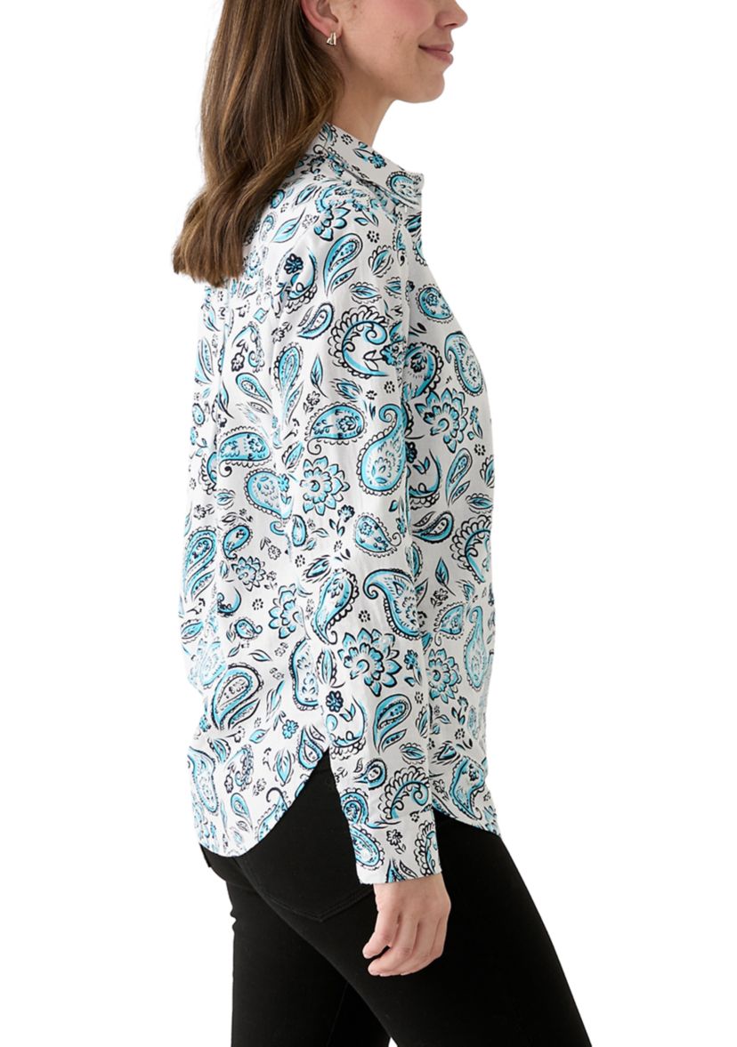 Womens Long Roll Tab Sleeve Paisley Linen Blend Shirt 