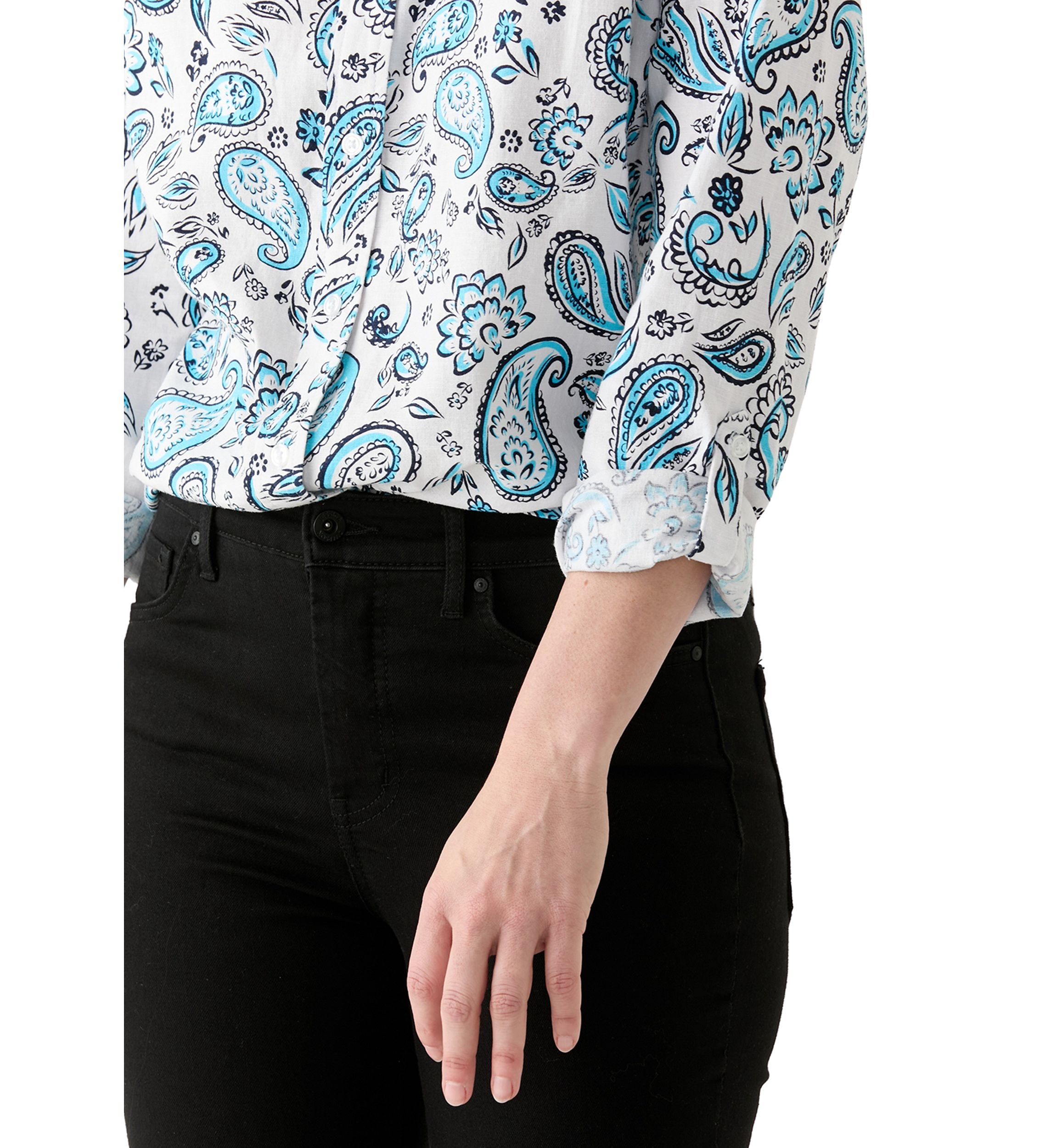 Womens Long Roll Tab Sleeve Paisley Linen Blend Shirt 