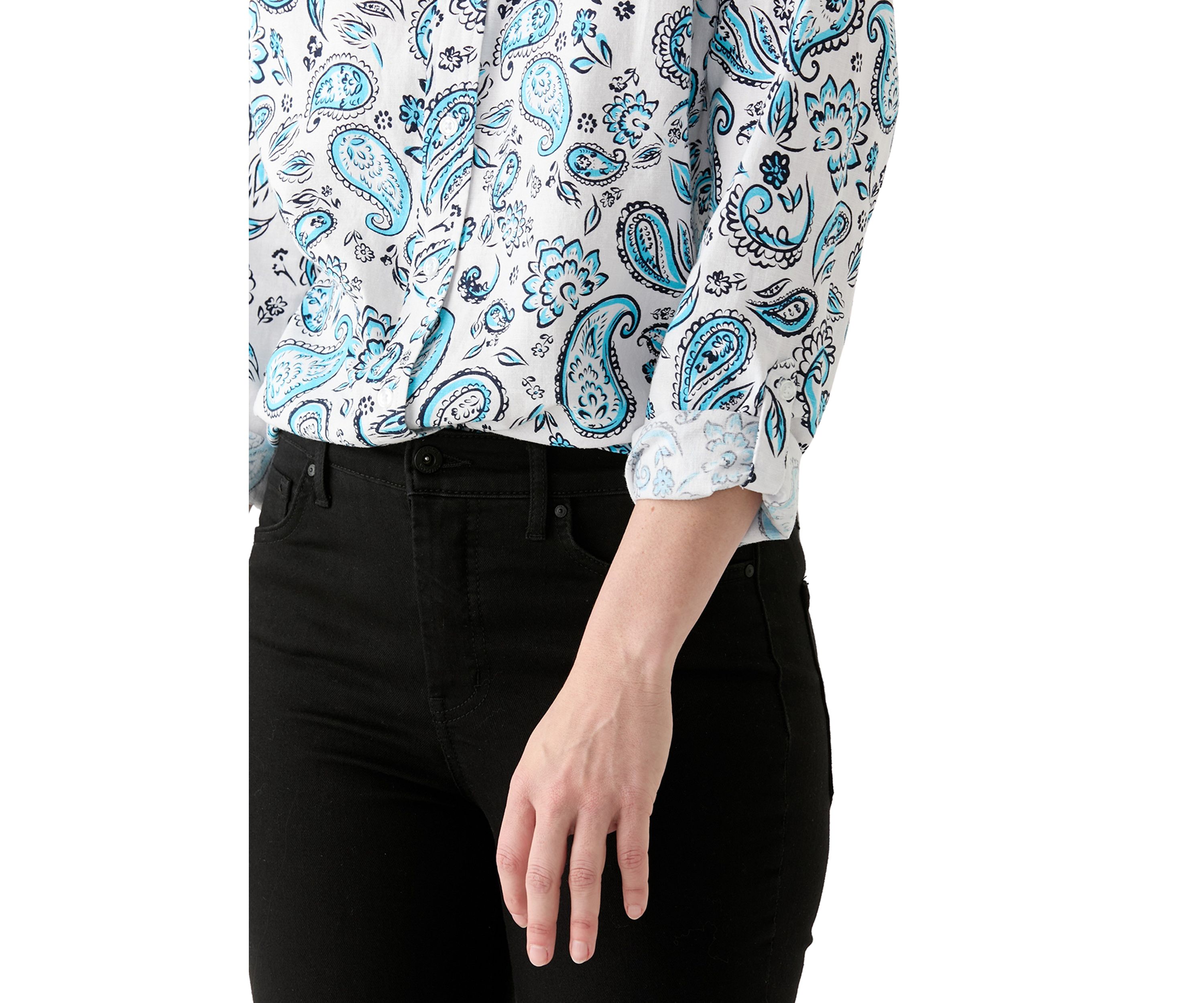 Womens Long Roll Tab Sleeve Paisley Linen Blend Shirt 