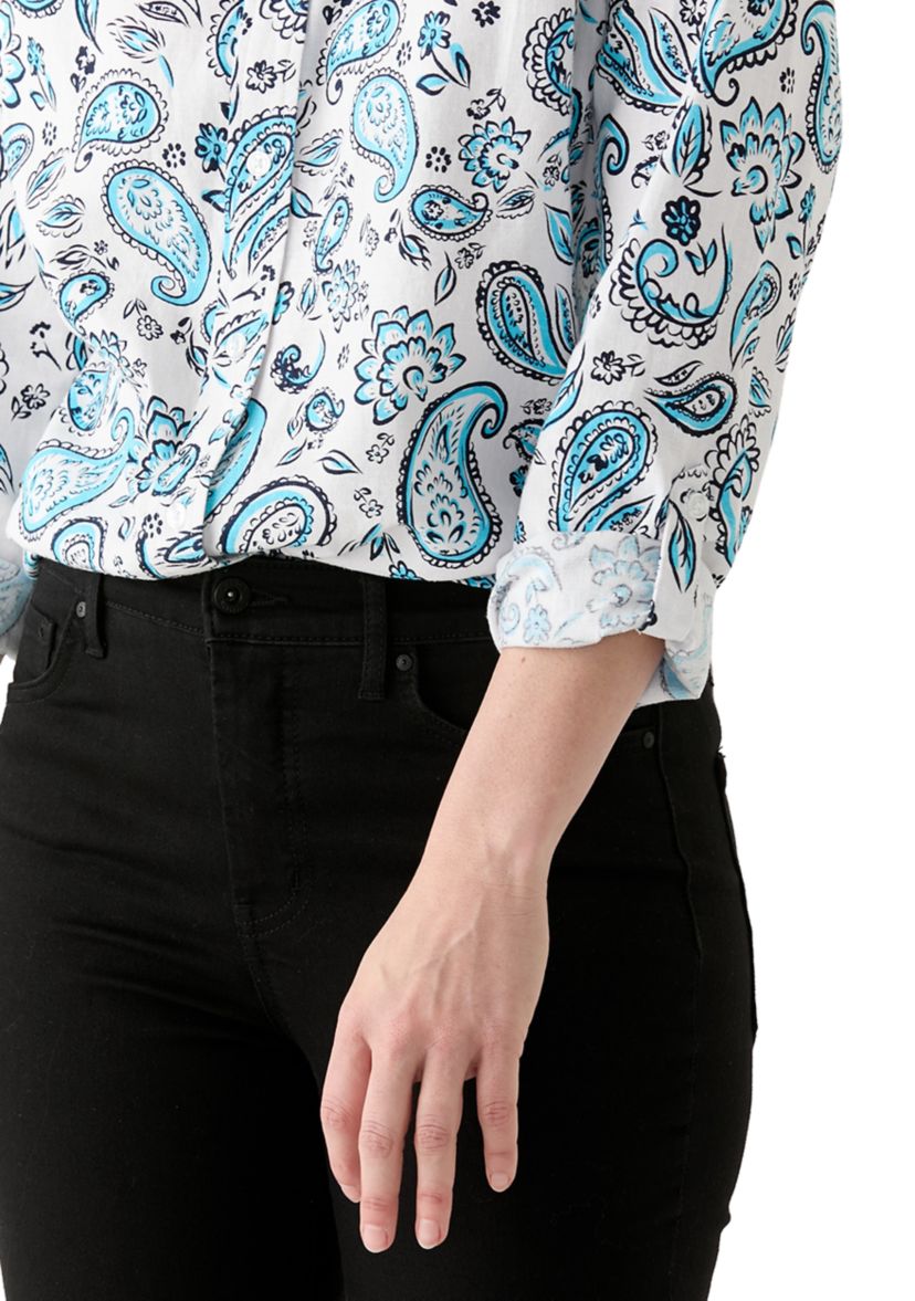 Womens Long Roll Tab Sleeve Paisley Linen Blend Shirt 