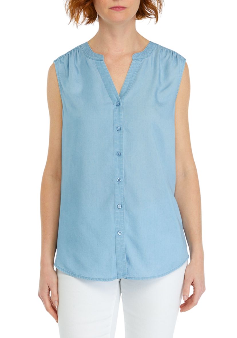 Womens Light Wash Sleeveless Linen Shirt 