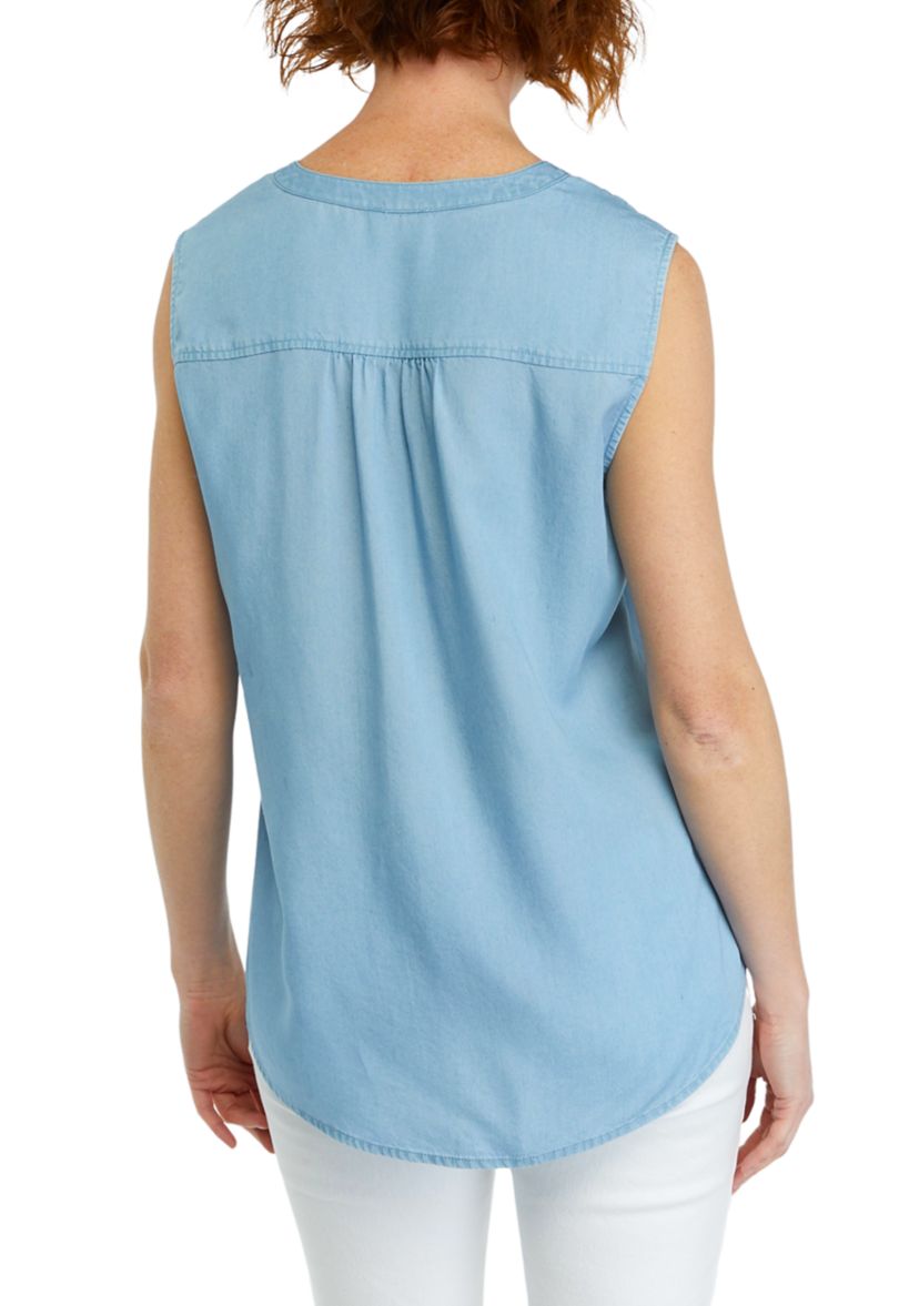 Womens Light Wash Sleeveless Linen Shirt 
