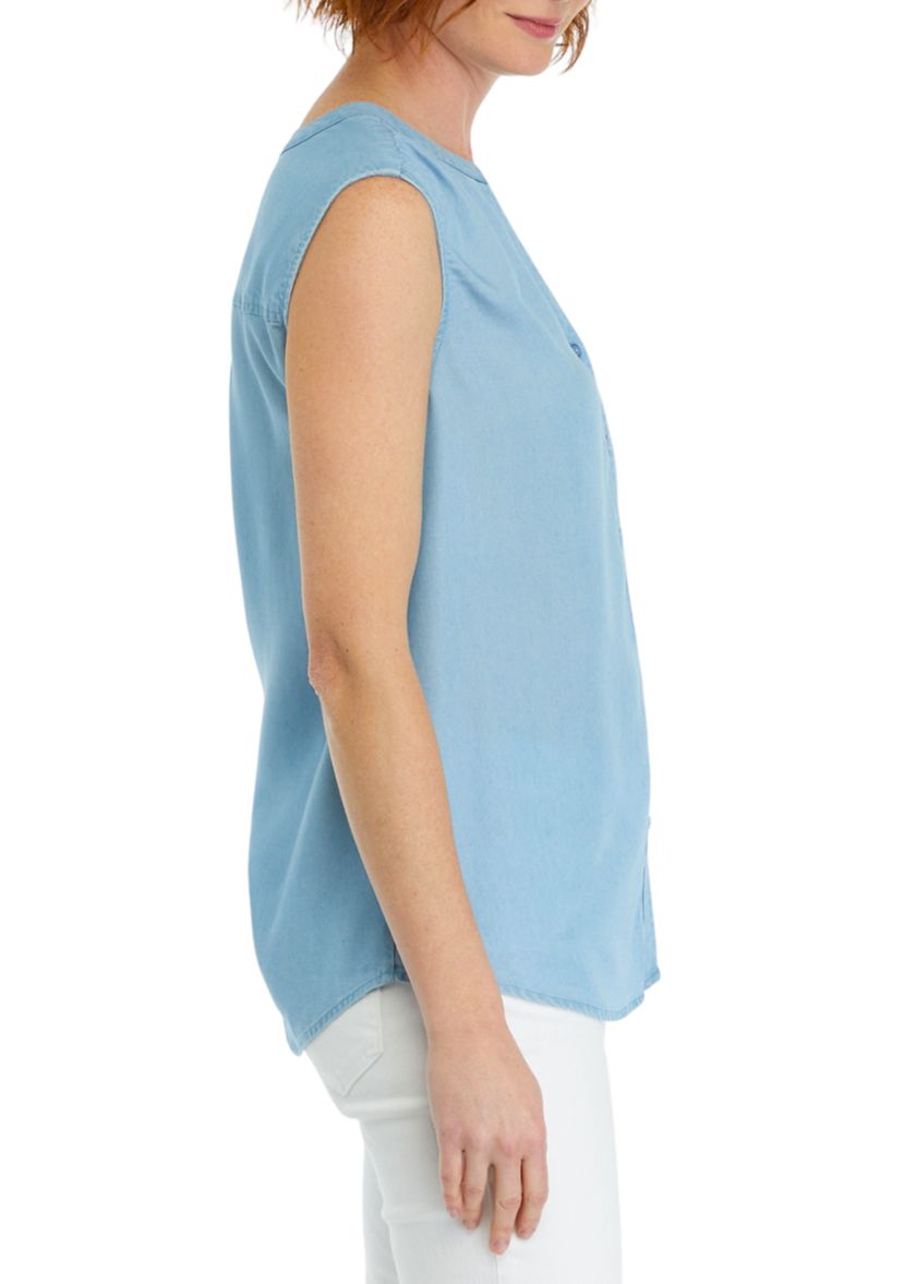 Womens Light Wash Sleeveless Linen Shirt 