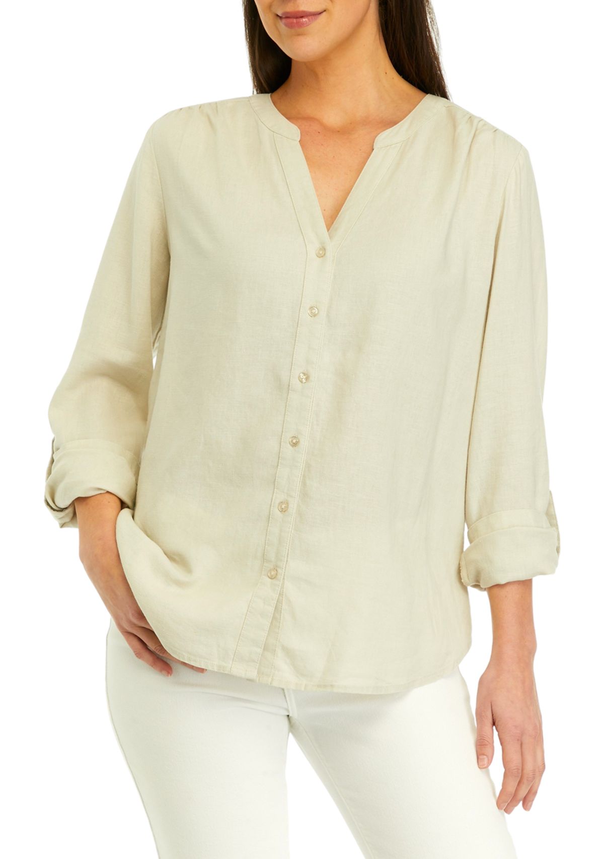 Womens Roll Tab Linen Henley Shirt